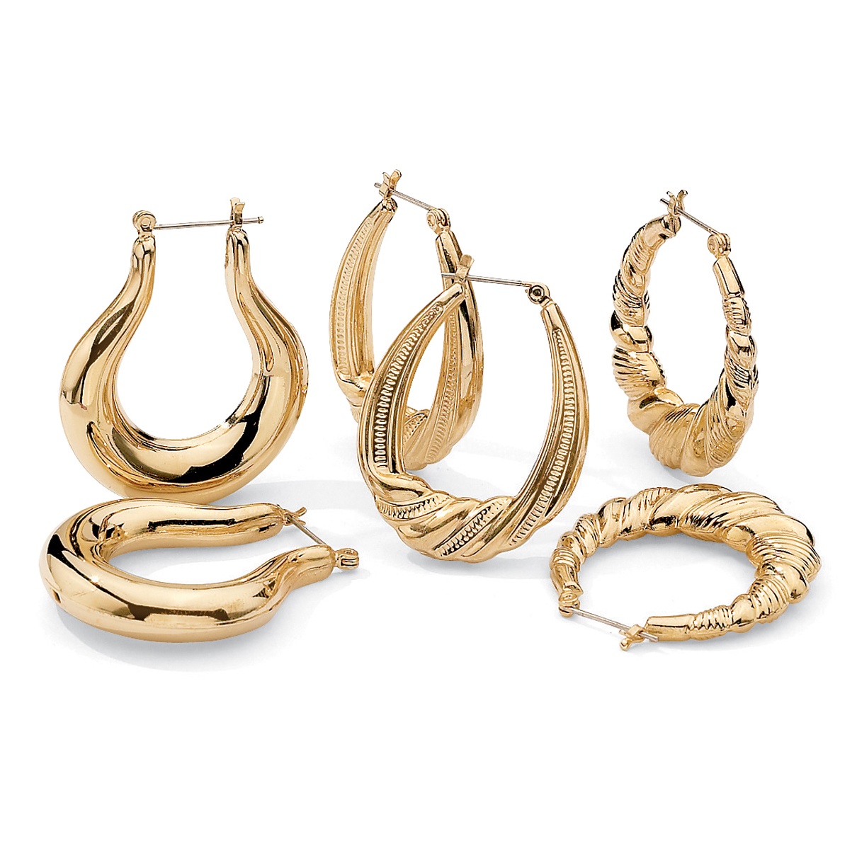 14k Yellow Gold-Plated 3-Pairs Hoop Earrings Set