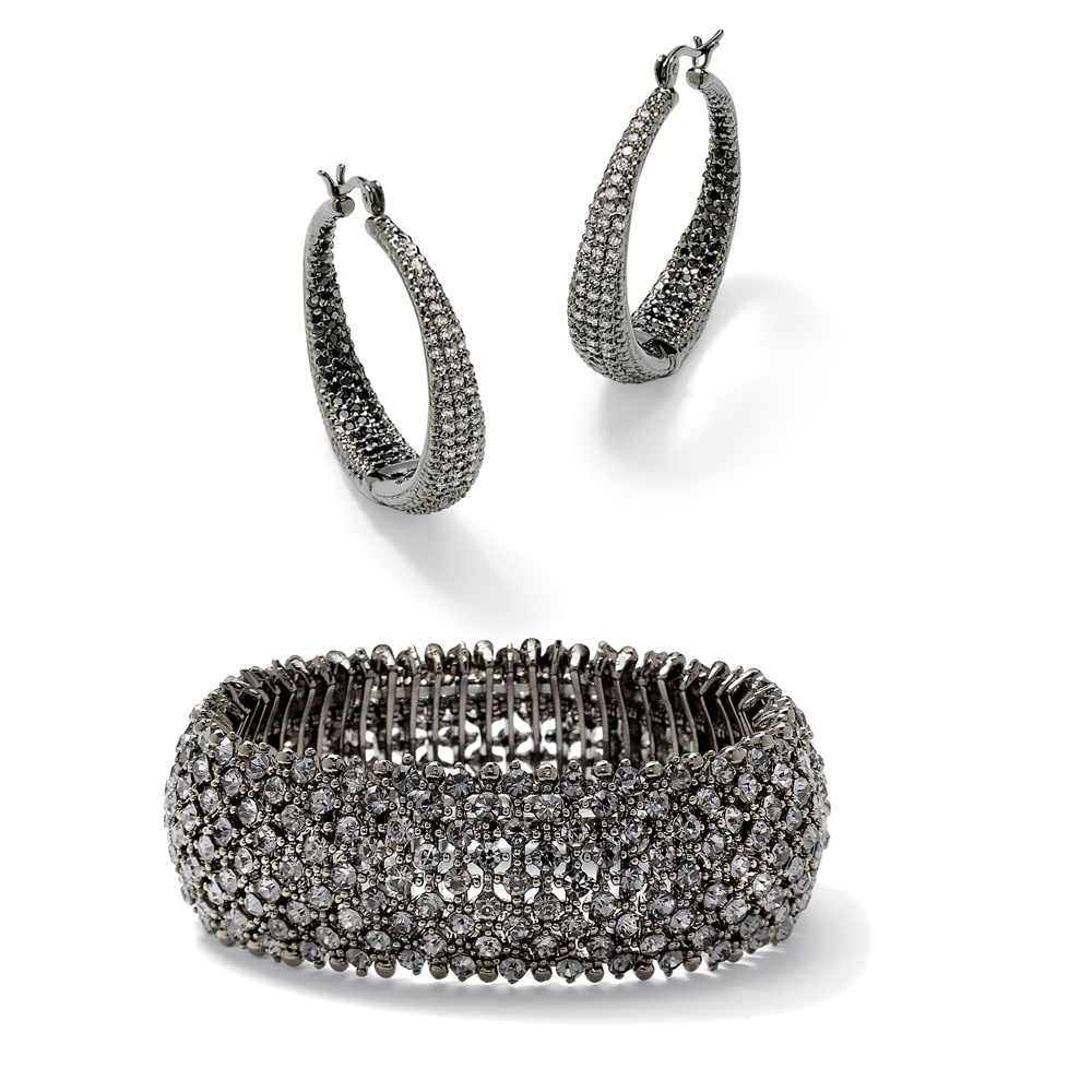 Black Ruthenium Finish Grey Multi-Crystal Bracelet and Black & White ...
