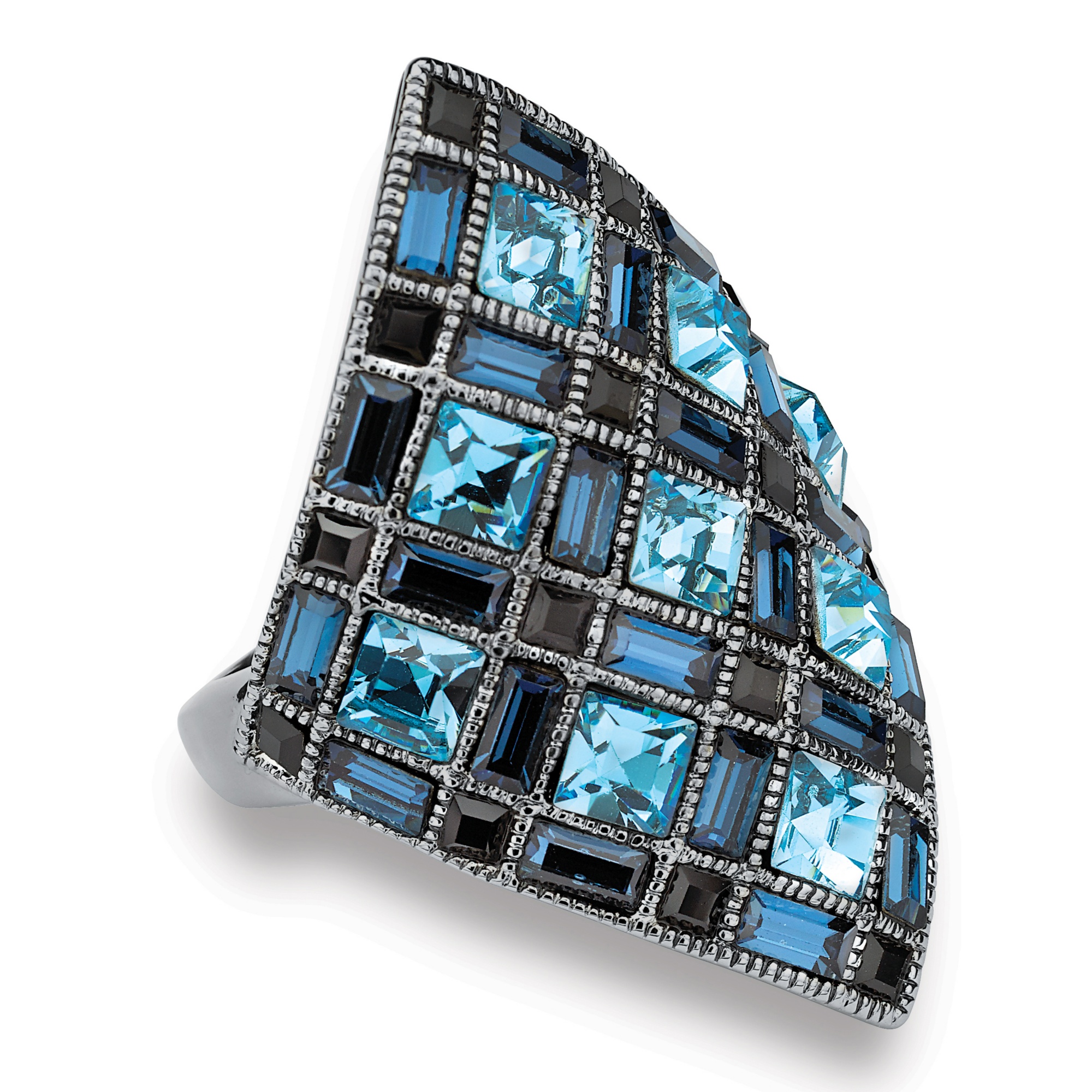 Black Ruthenium Finish Blue and Black Crystal Diamond-Shaped Ring
