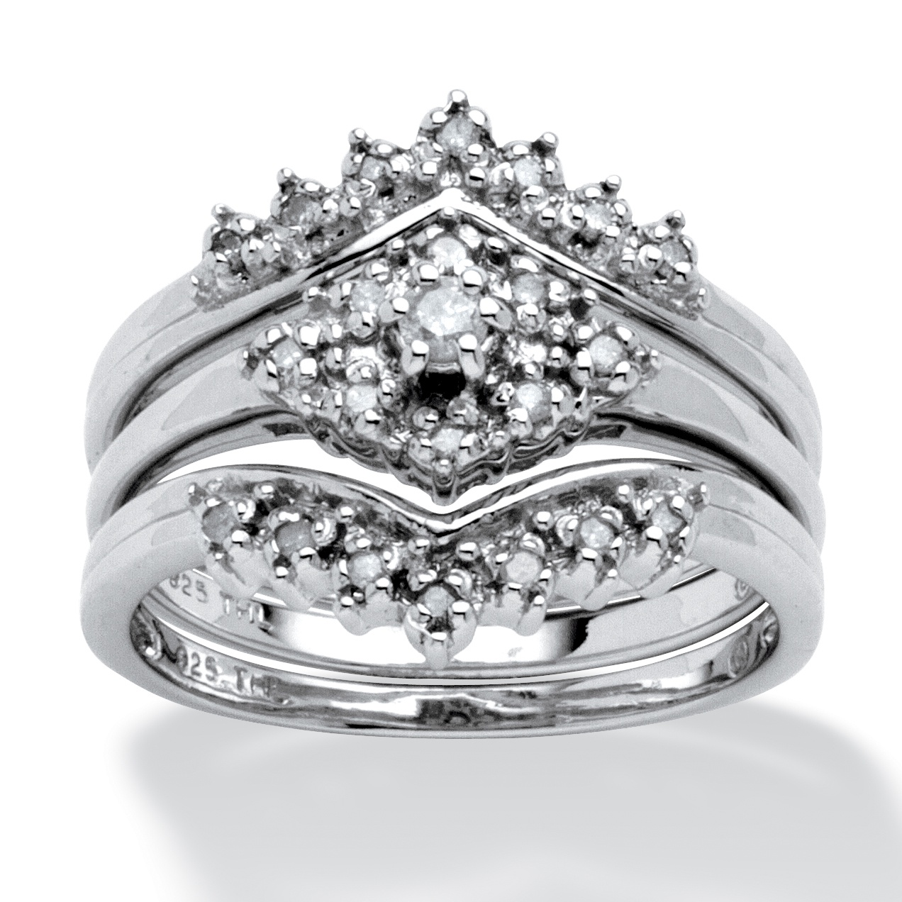 1/4 TCW Round Diamond Platinum Over Sterling Silver 3-Piece Bridal Engagement Wedding Ring Set
