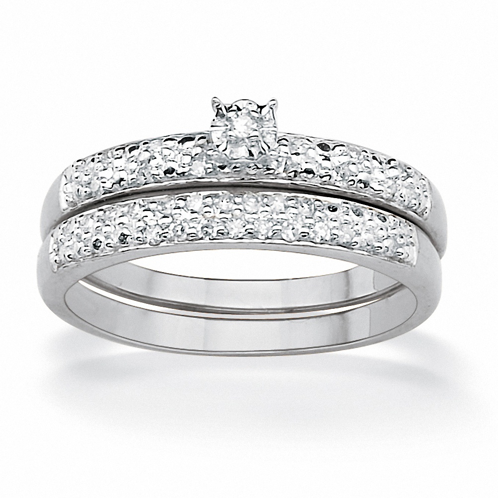 Platinum over Sterling Silver Round Diamond Pav&eacute; Wedding Ring Set