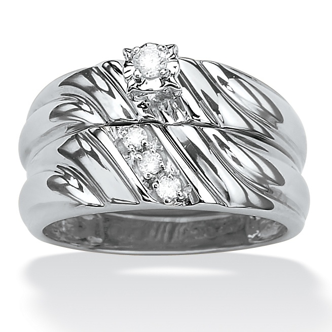 Platinum over Sterling Silver Two-Piece Diamond Swirl Wedding Band Set