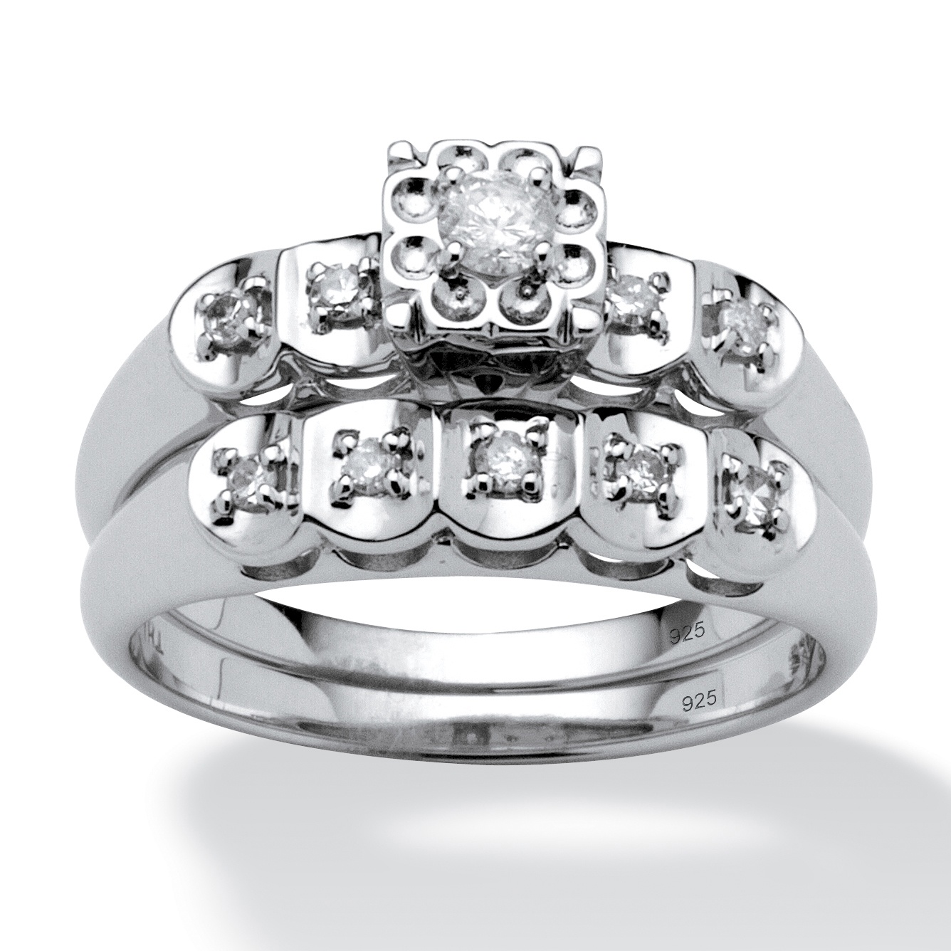 Platinum over Sterling Silver Diamond Swirled Wedding Ring Set