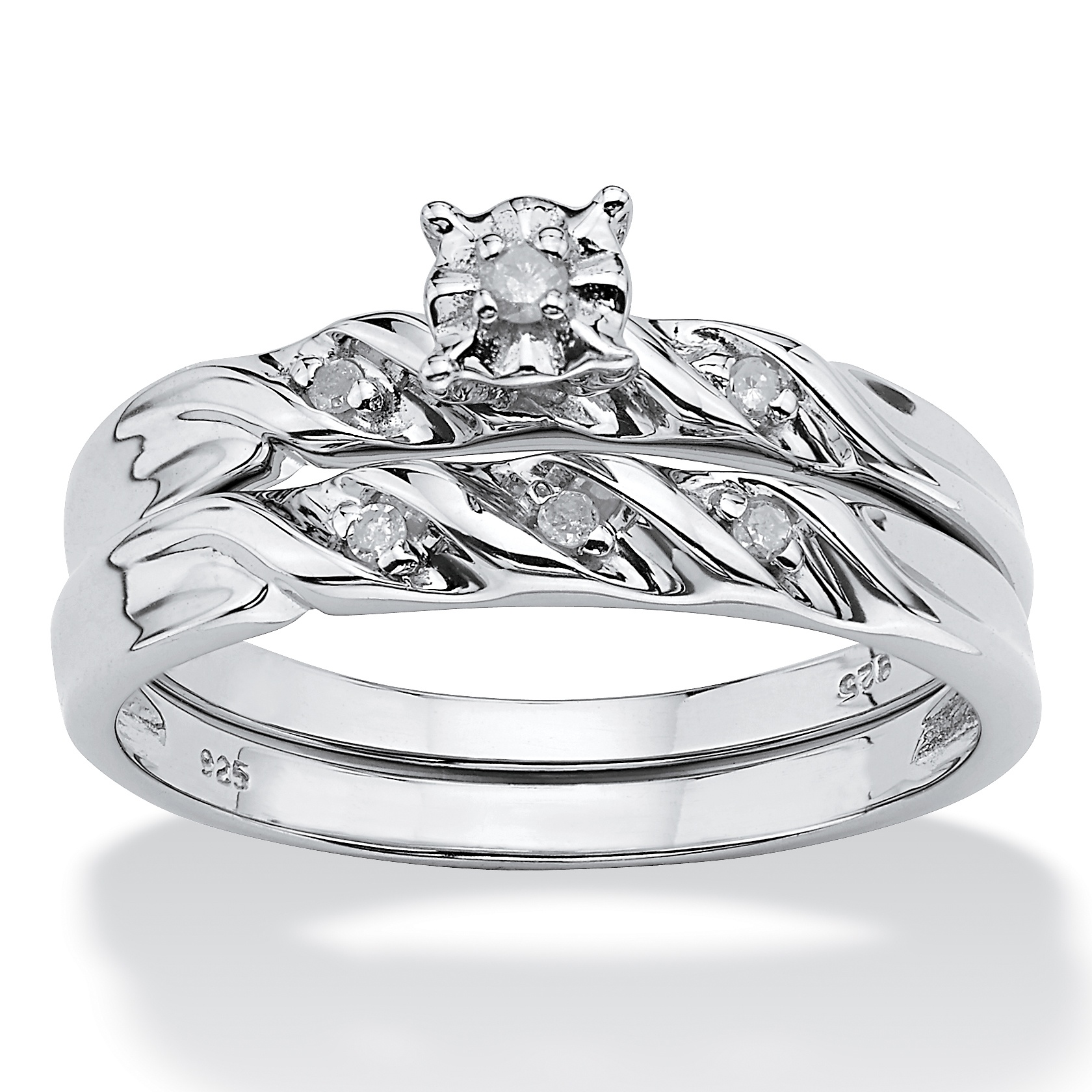 Platinum over Sterling Silver Round Diamond Accent Swirled Ring Set
