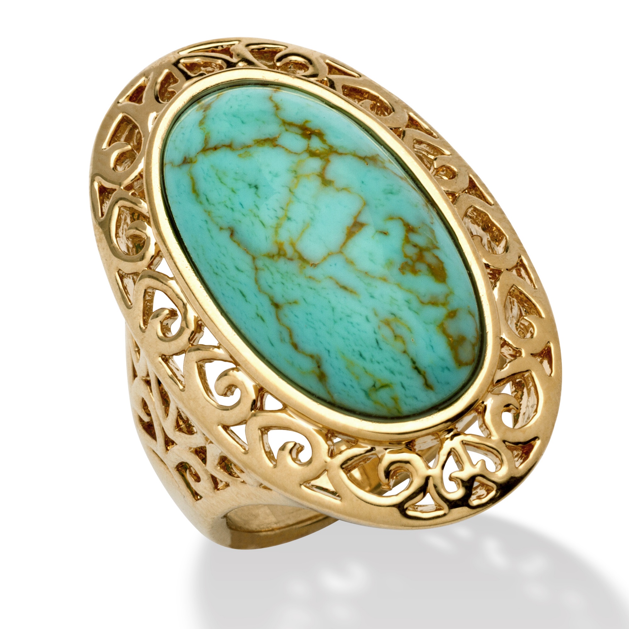 18k Gold-Plated Oval-Shaped Simulated Tuquoise Filigree Ring