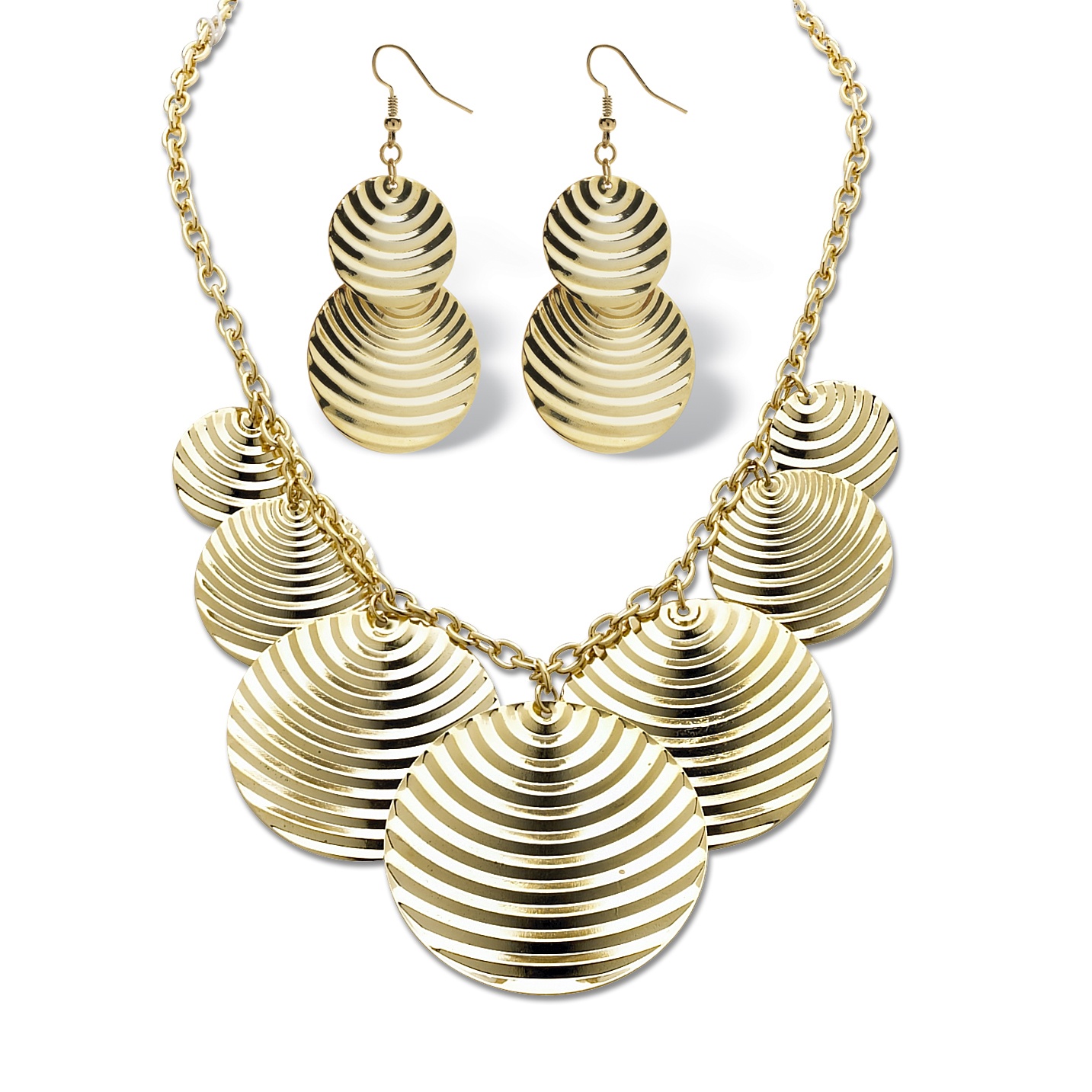 Goldtone Metal Multi-Disk Necklace and Pierced Earring Set