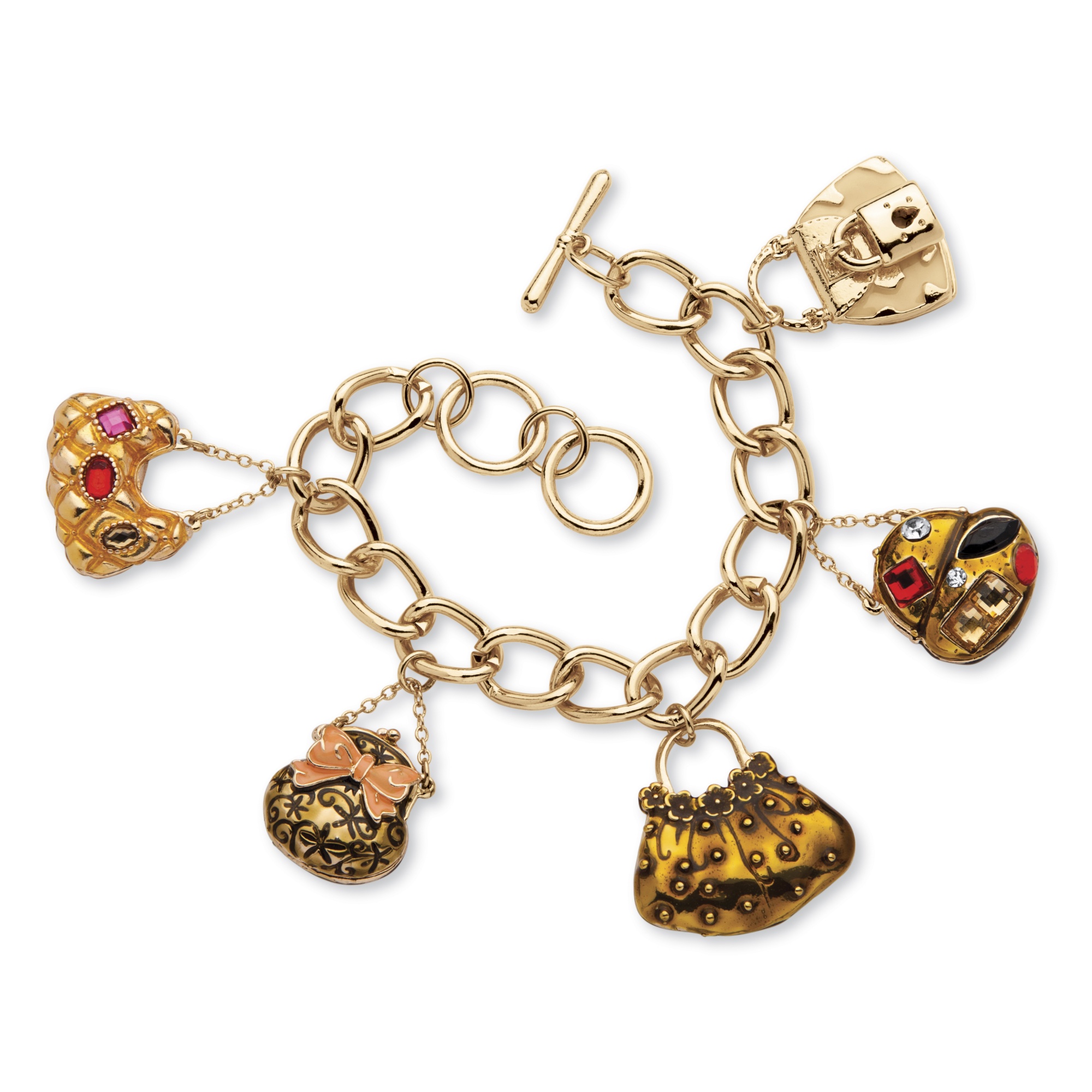 Enamel and Goldtone Metal Crystal "Handbag Heaven" Charm Bracelet