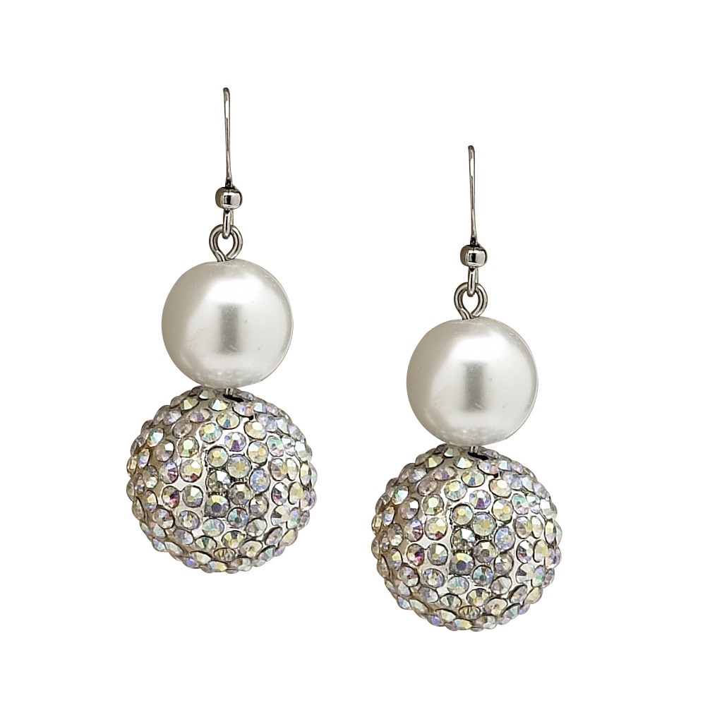 Silvertone Metal Simulated Pearl and Crystal Pierced Earrings
