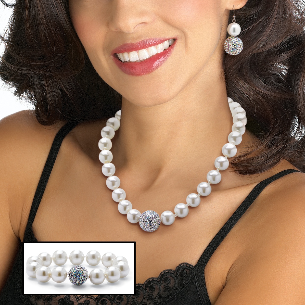 Silvertone Metal Simulated Pearl and Crystal Necklace, Bracelet and Pierced ...