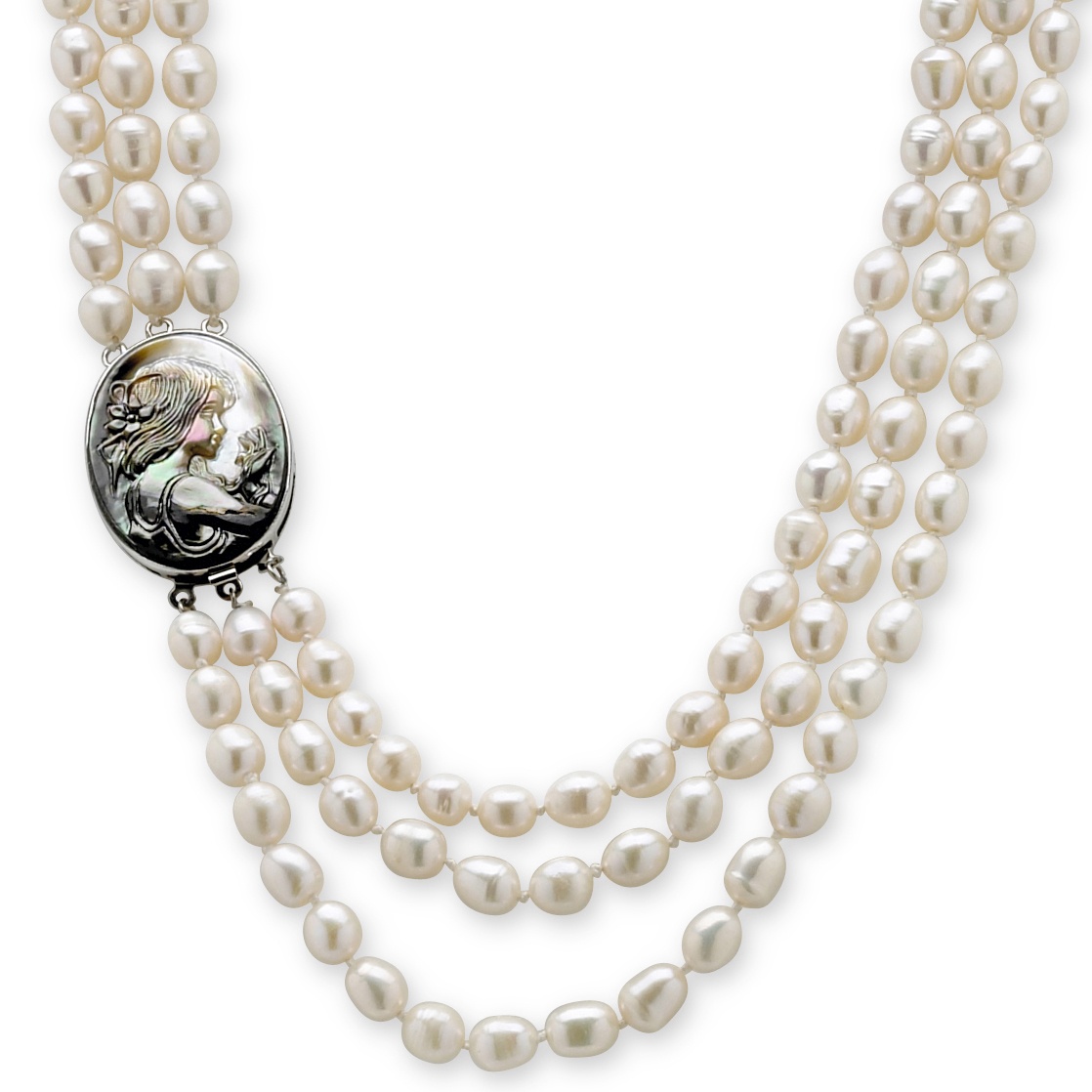 Silvertone Cultured Freshwater Pearl and Black Mother-of-Pearl Cameo ...
