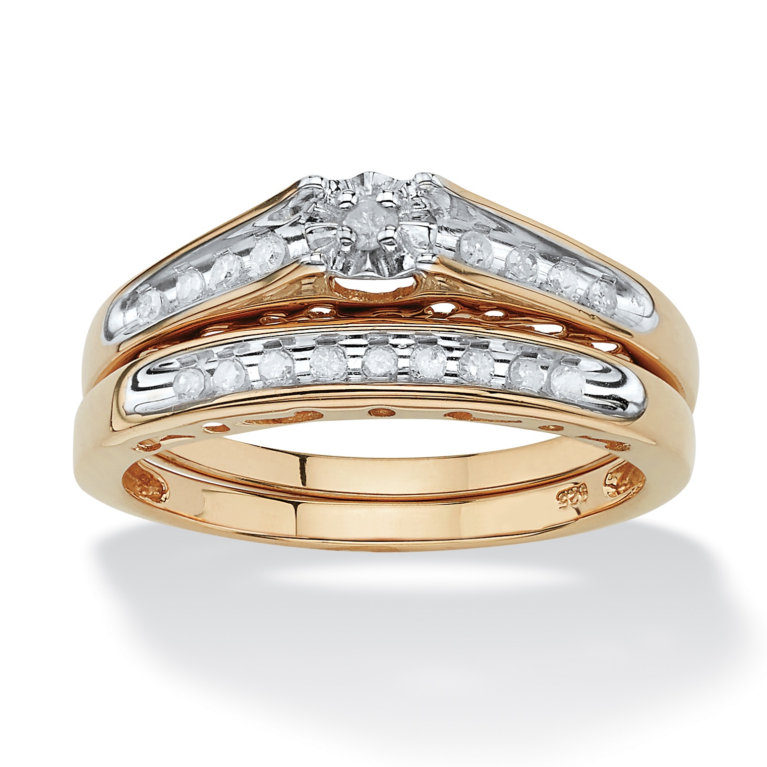 18k Gold over Sterling Silver Round Diamond Cutout Wedding Ring Set