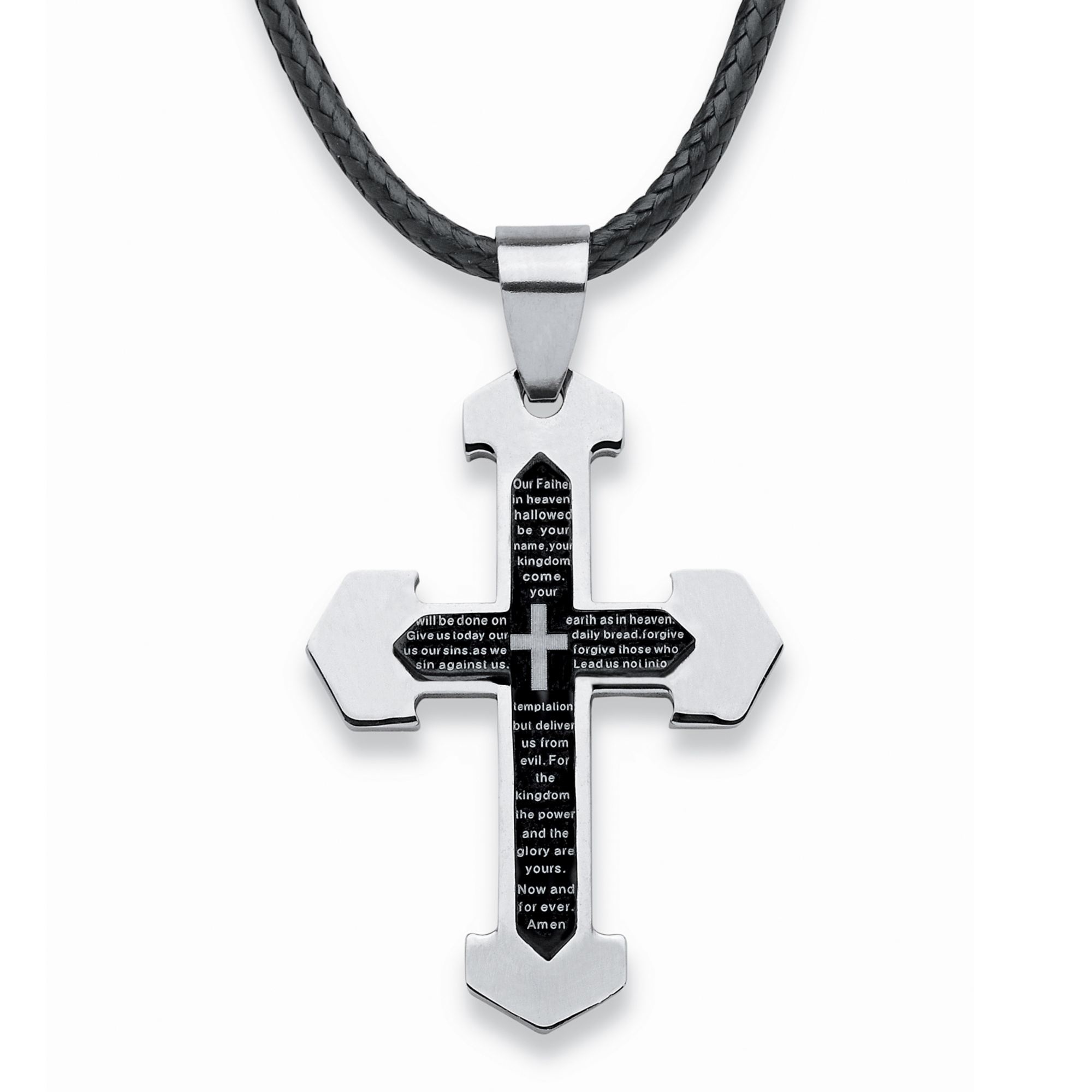 Stainless Steel and Black IP-Plated Finish Lord's Prayer Modern English Cross...