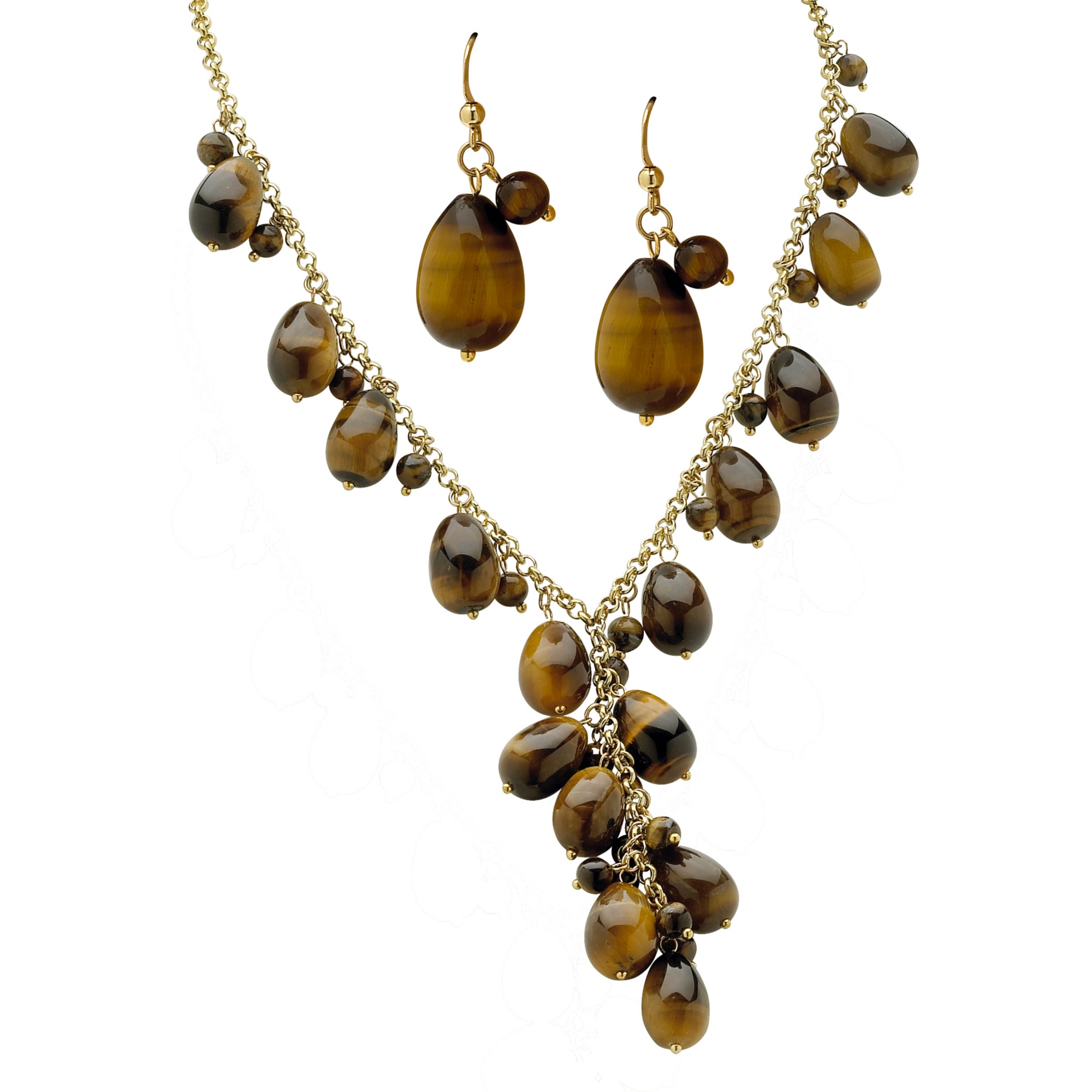 14k Gold-Plated Tiger's-Eye Dangling Beaded Necklace and Pierced Earring Set