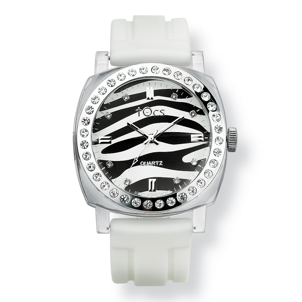 Silvertone TOCS Rhinestone Zebra Watch
