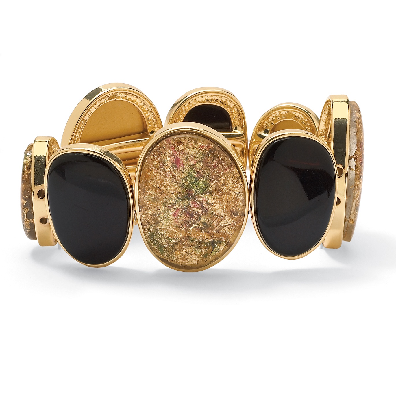 14k Gold-Plated Black and Marble-Style Lucite Station Stretch Bracelet