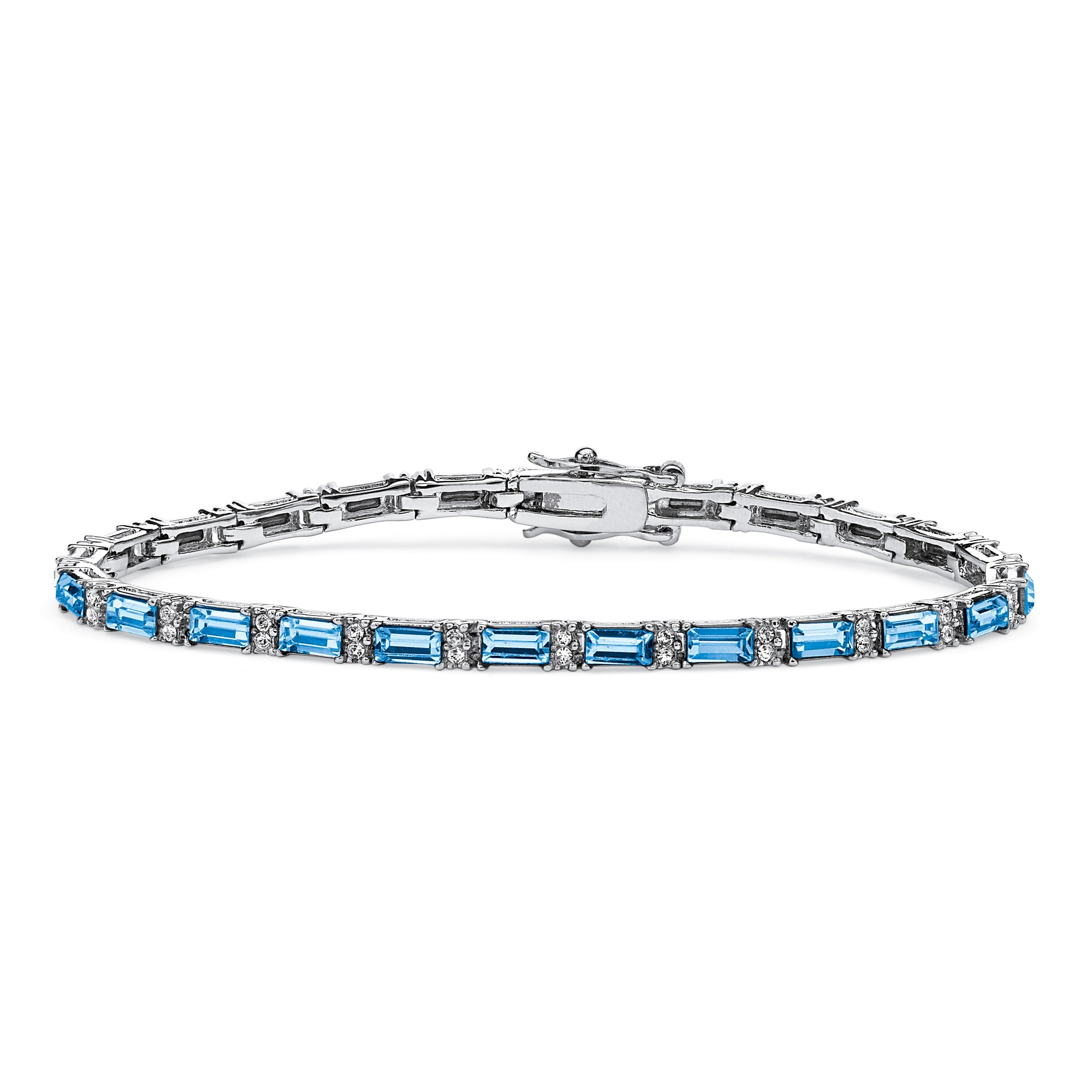 Emerald-Cut Simulated Birthstone with Round Crystal Accent Silvertone Metal Tennis Bracelet 7 1/2
