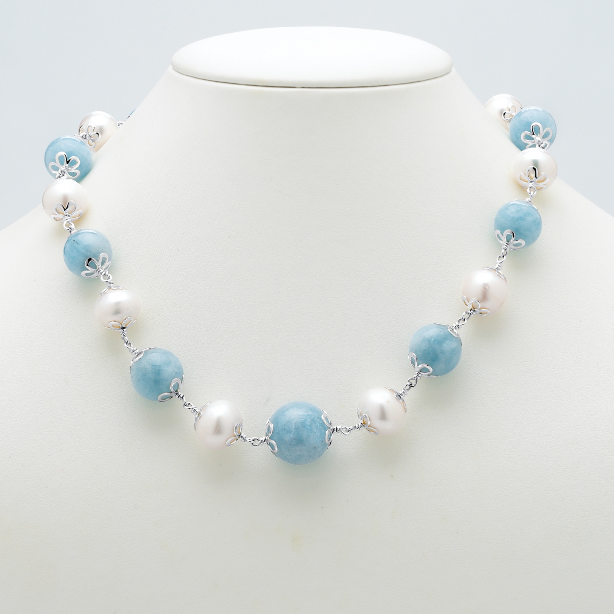 Sterling Silver Graduated Aquamarine and Cultured Freshwater Pearl Necklace