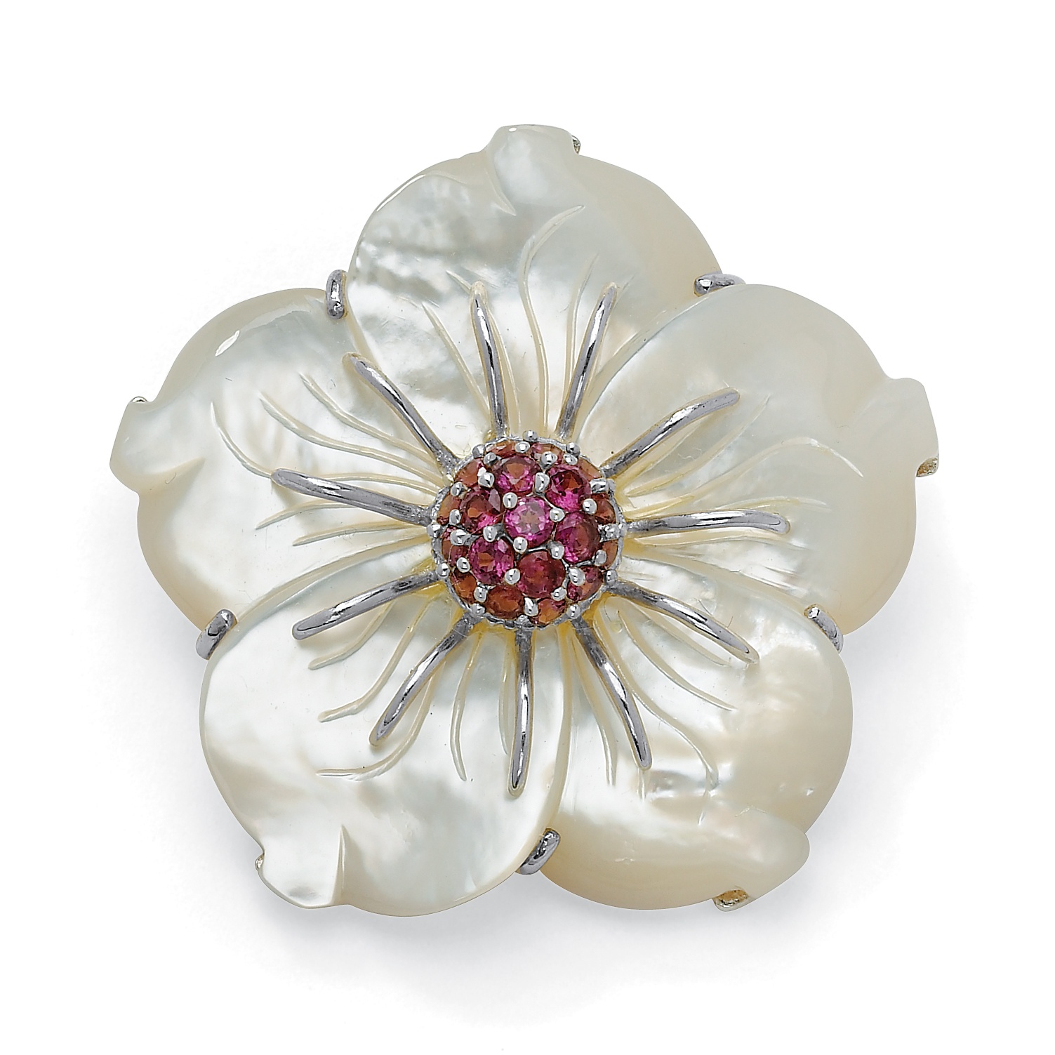 Sterling Silver Mother-of-Pearl and Rhodolite Garnet Flower Pendant