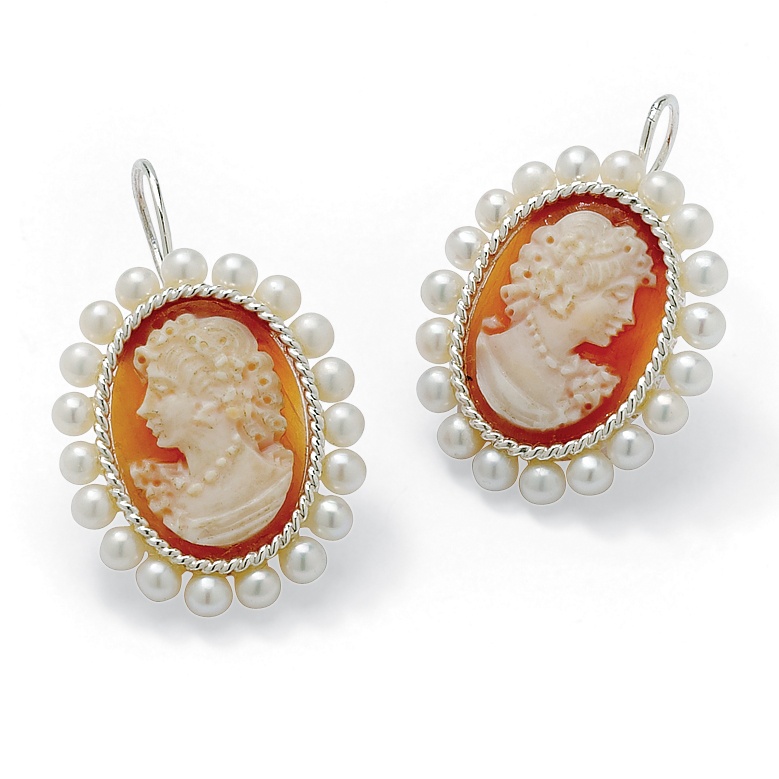 Sterling Silver Cameo and Cultured Freshwater Pearl Pierced Earrings