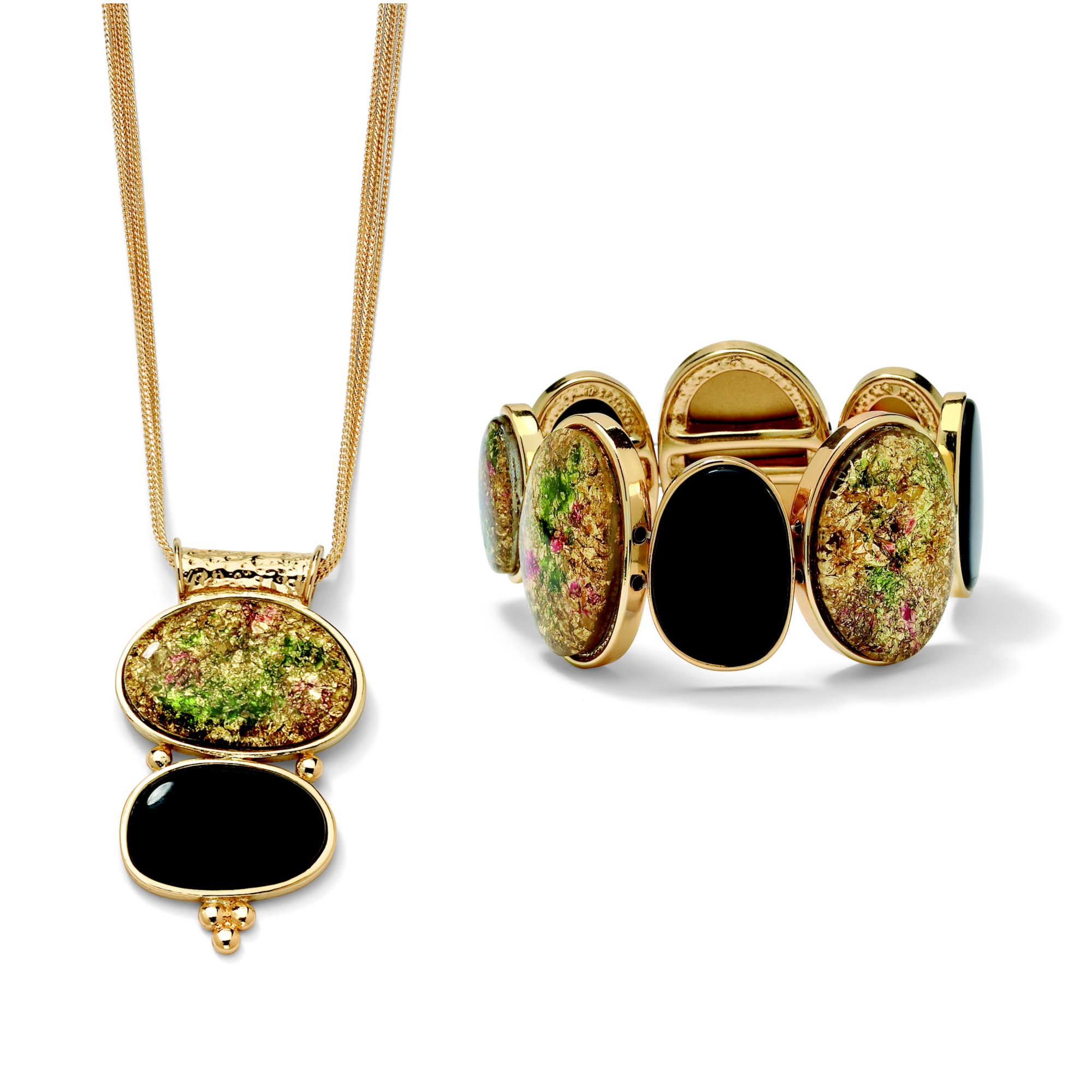 14k Gold-Plated Black and Marble-Style Lucite Station Pendant and Bracelet Set