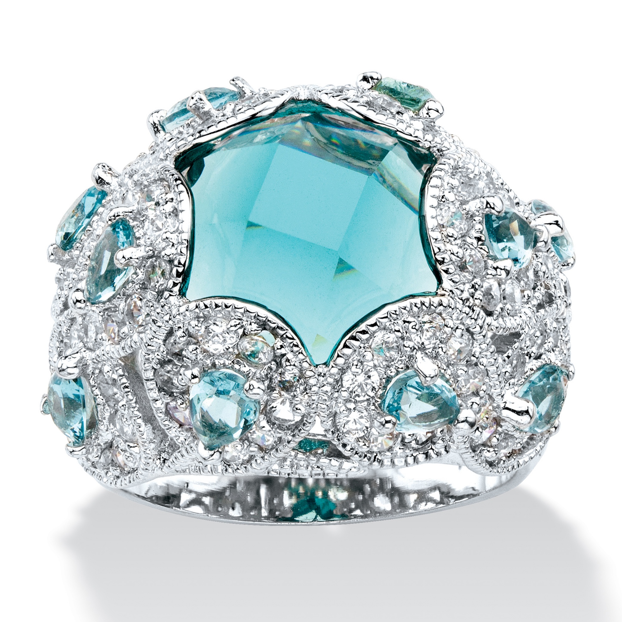 Simulated Aquamarine and DiamonUltra&trade; Cubic Zirconia Ring in Silvertone...