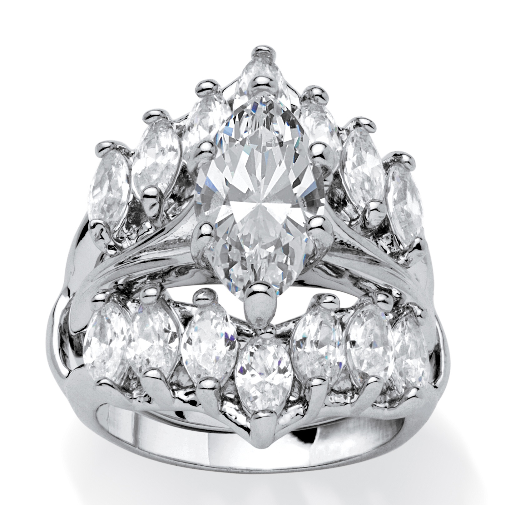 Silvertone Metal Marquise-Cut DiamonUltra&trade; Cubic Zirconia Wedding Ring Set