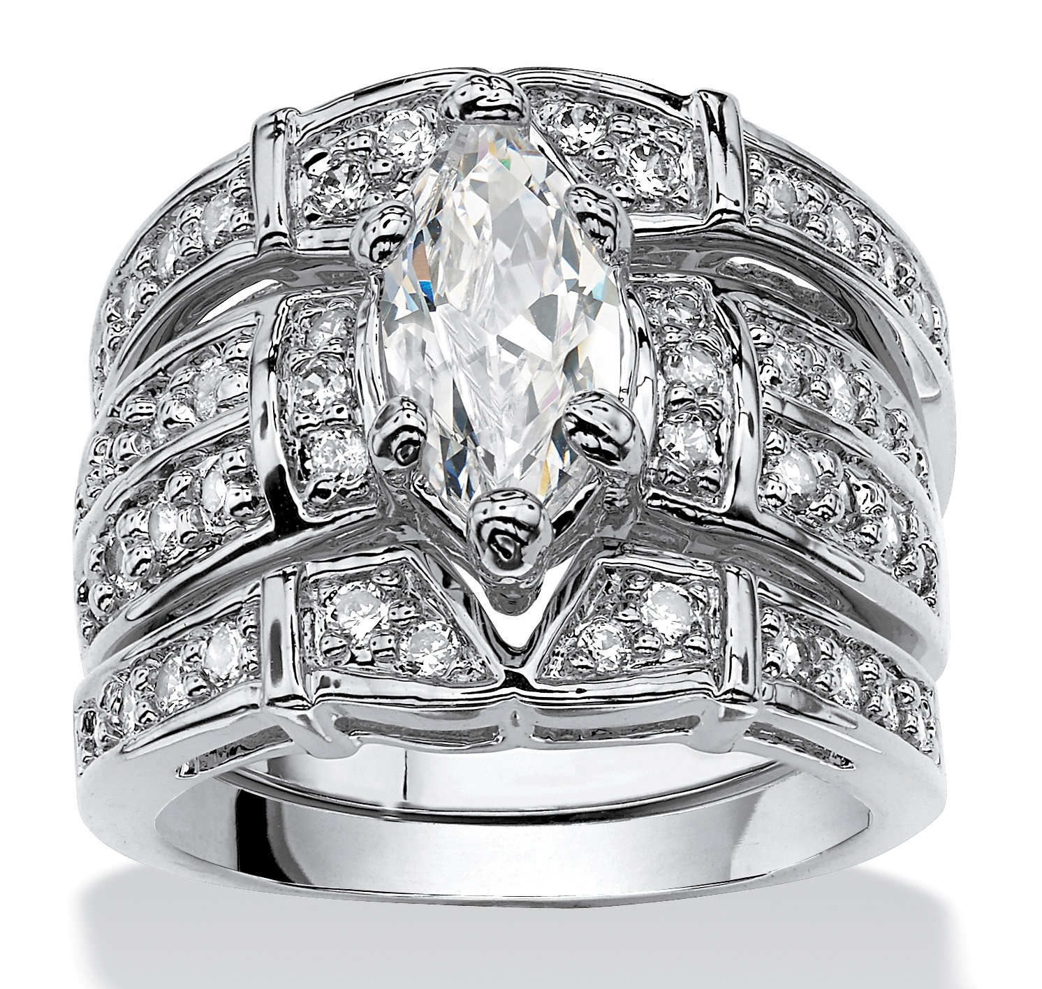 3.05 TCW Marquise-Cut Cubic Zirconia Silvertone Metal Bridal Engagement Ring Wedding Band Set