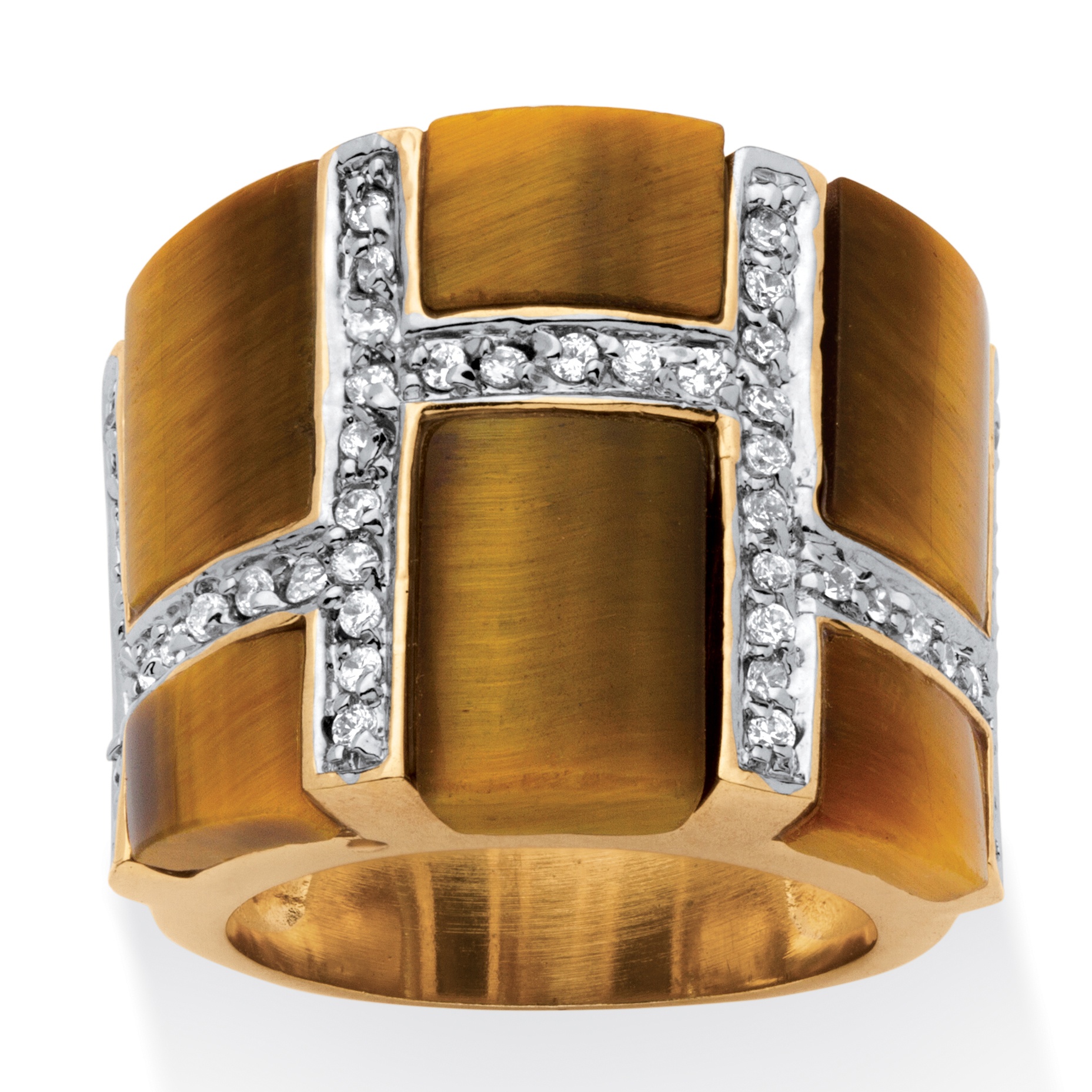 14k Gold-Plated Tiger's-Eye and DiamonUltra&trade; Cubic Zirconia Geometric Ring