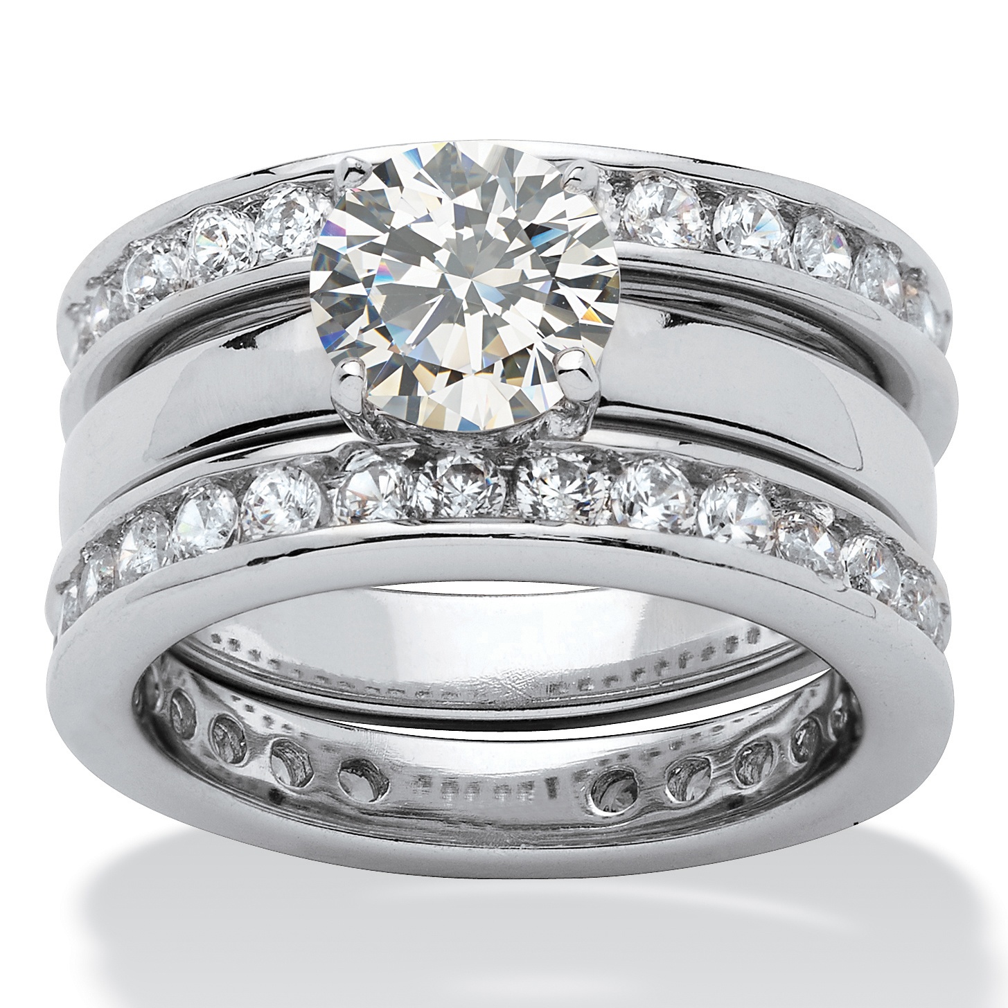 Silvertone Metal Round DiamonUltra&trade; Cubic Zirconia Wedding Ring Set