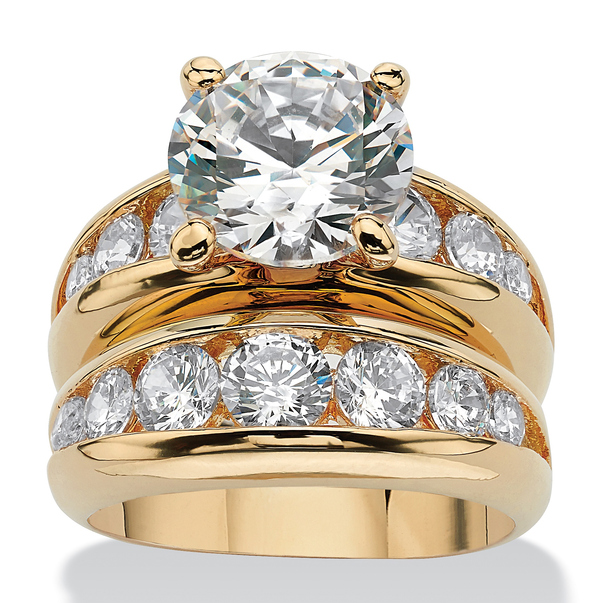 14k Gold-Plated Round Channel-Set DiamonUltra Cubic Zirconia Wedding Ring Set