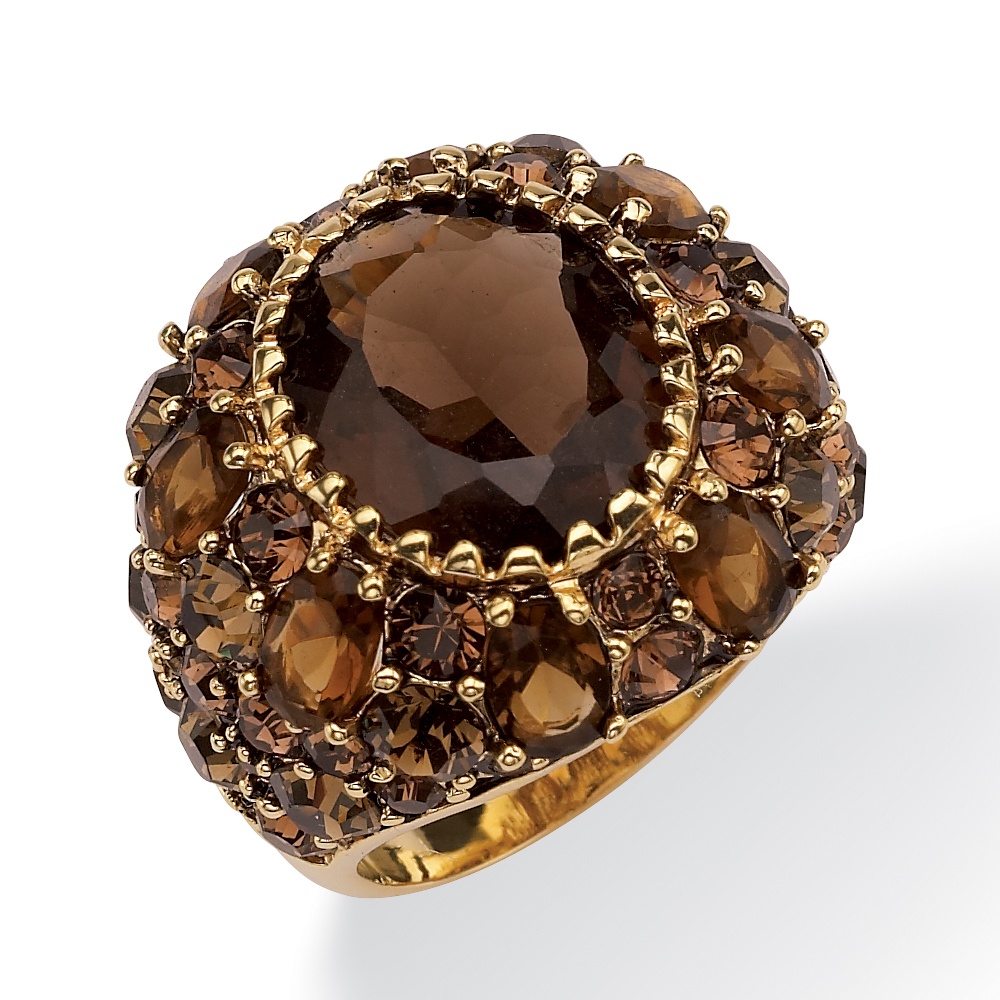 14k Gold-Plated Oval-Cut Smoky Quartz and Crystal Ring