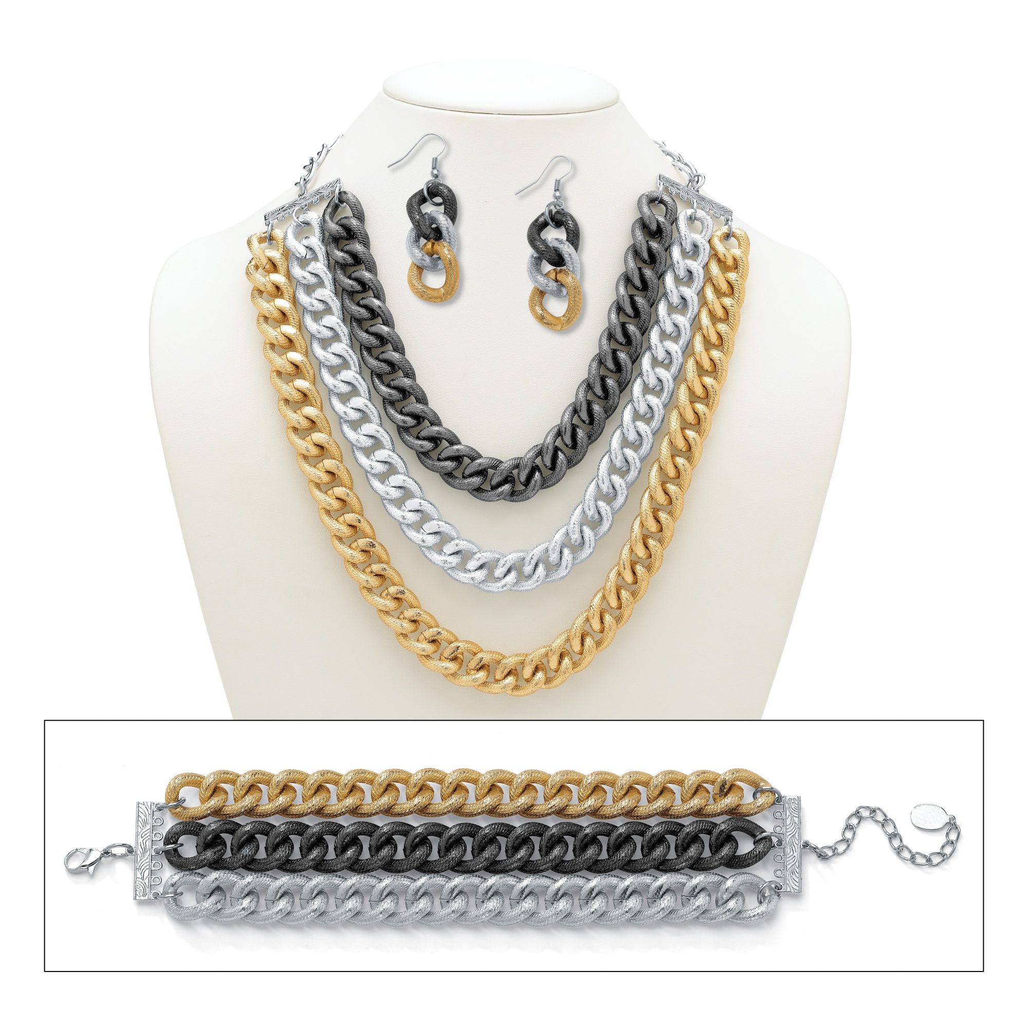 Tritone Metal Triple-Row Curb-Link Necklace, Bracelet and Pierced Earring Set