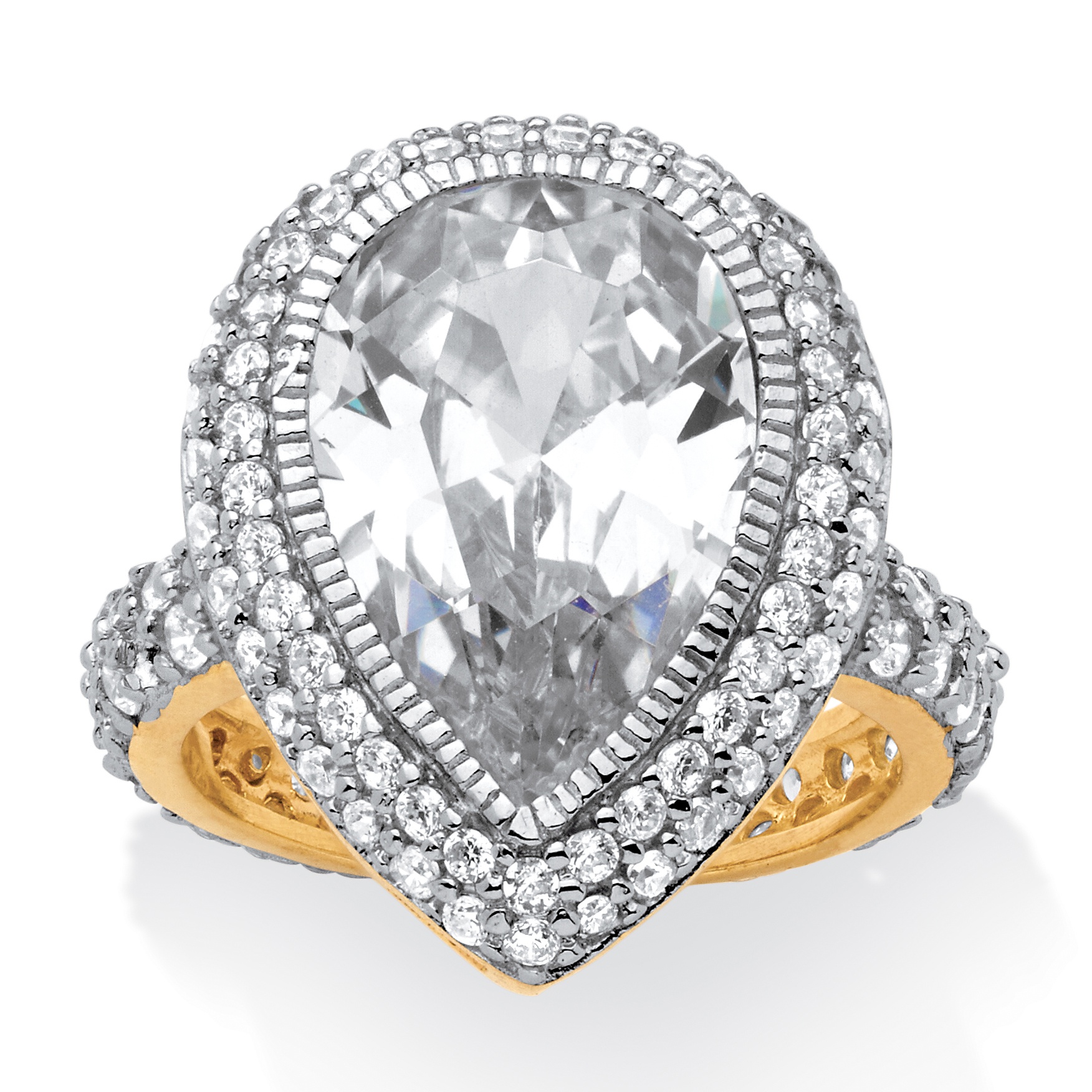 Tutone 18k Gold over Sterling Silver Pear and Round DiamonUltra&trade; Cubic ...