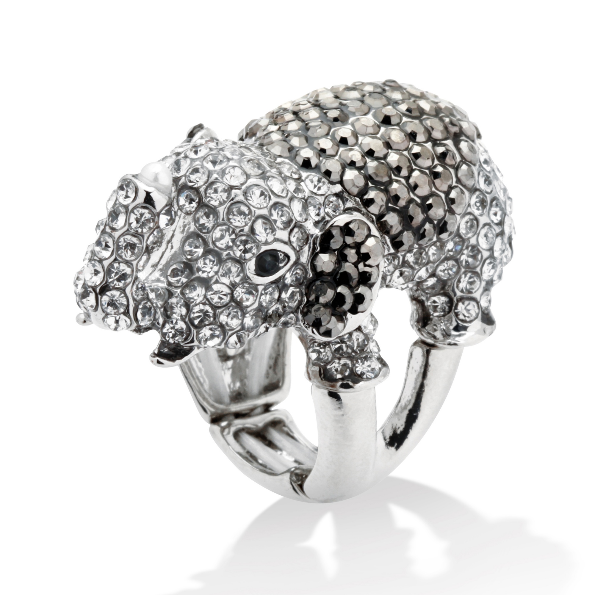 Silvertone Metal Black, Grey and White Multi-Crystal Elephant Stretch Ring