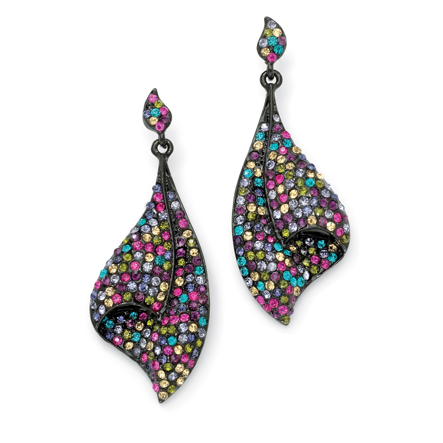 Multi-Color Crystal Black Ruthenium-Plated Fan Drop Earrings