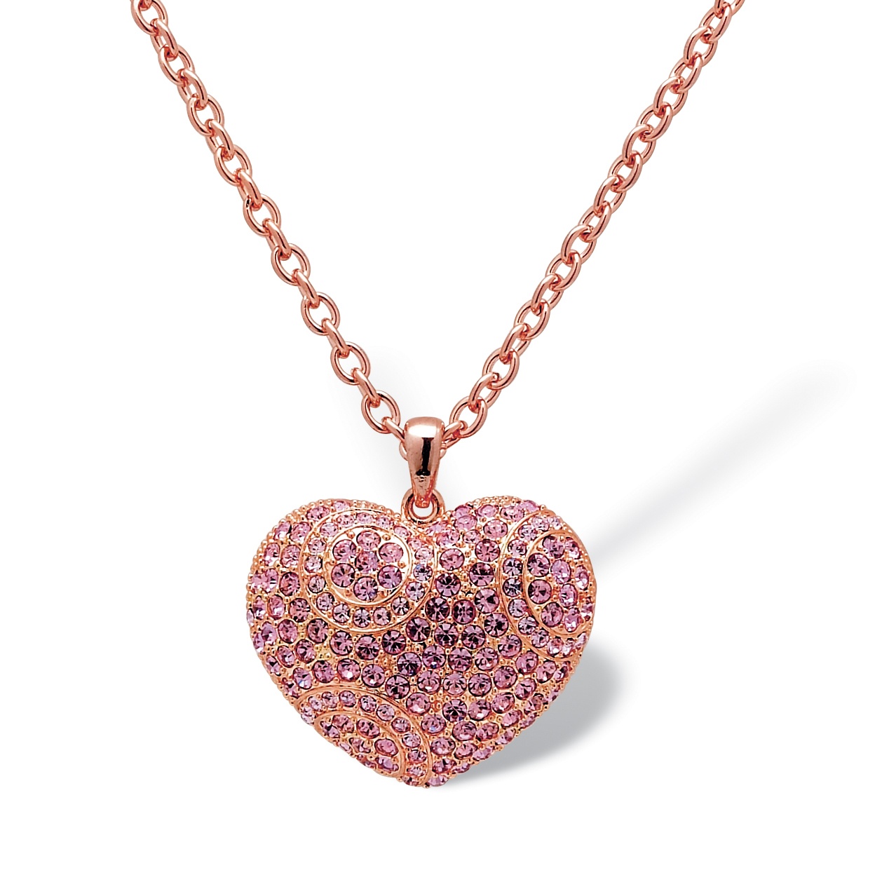 Rosetone Metal Pink Crystal Heart Pendant and Chain