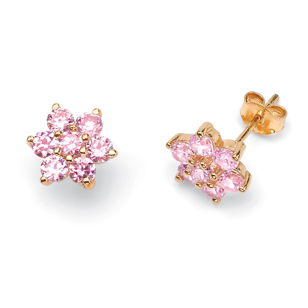 14k Gold-Plated Pink DiamonUltra Cubic Zirconia Flower-Shaped Pierced Earrings