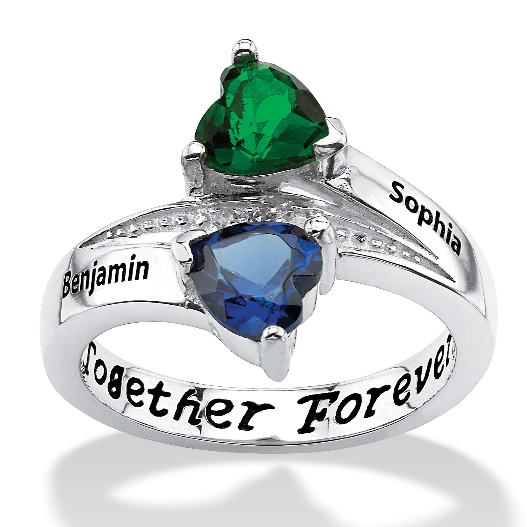 Sterling Silver Couple's Birthstone Heart Name Ring with Diamond Accent