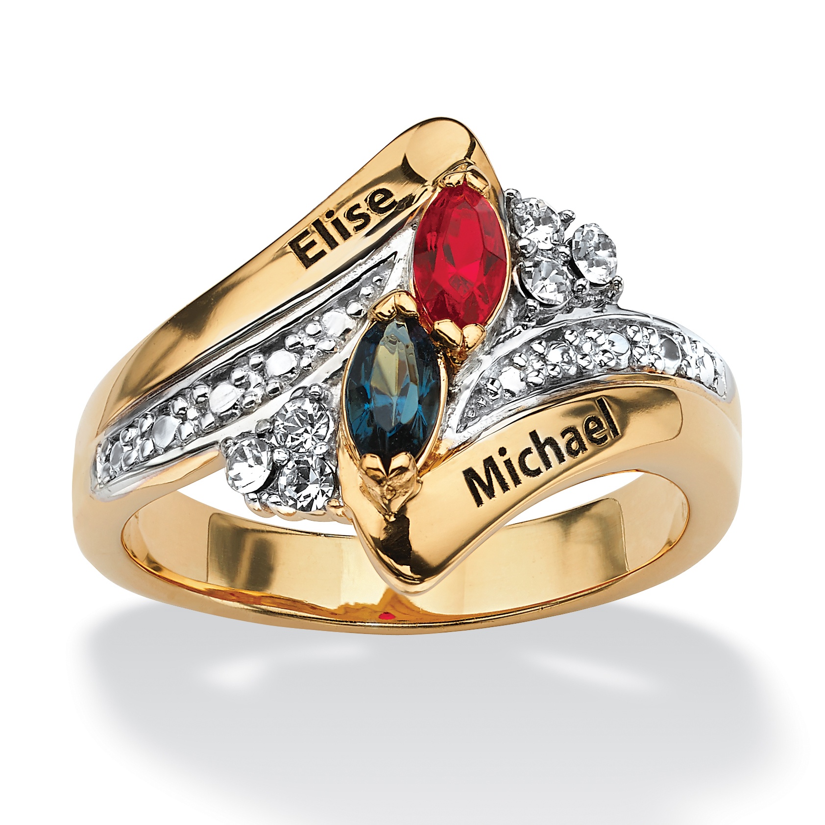18k Gold over Sterling Silver Couple's Crystal Marquise-Cut Birthstone Name Ring