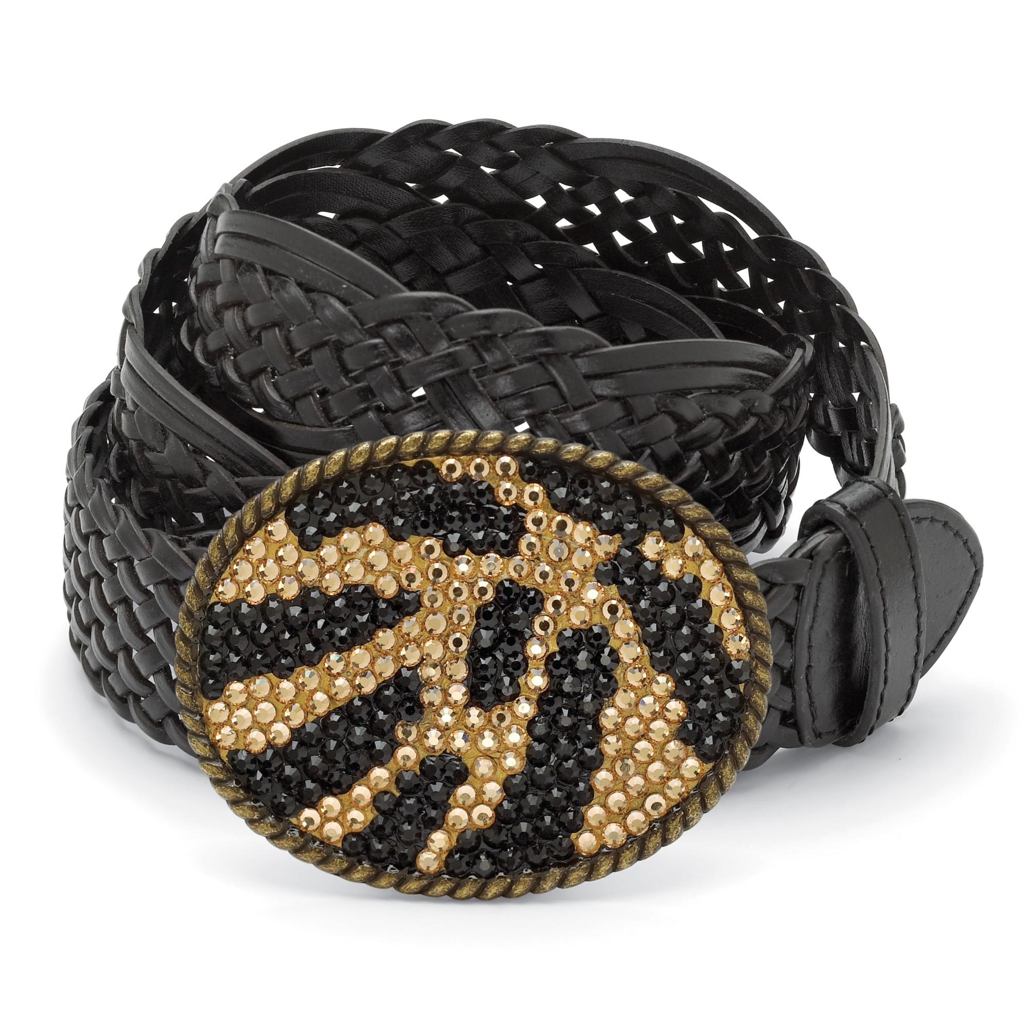 Antiqued Goldtone Metal Black and Gold Leopard Motif Crystal Oval-Shaped Belt...