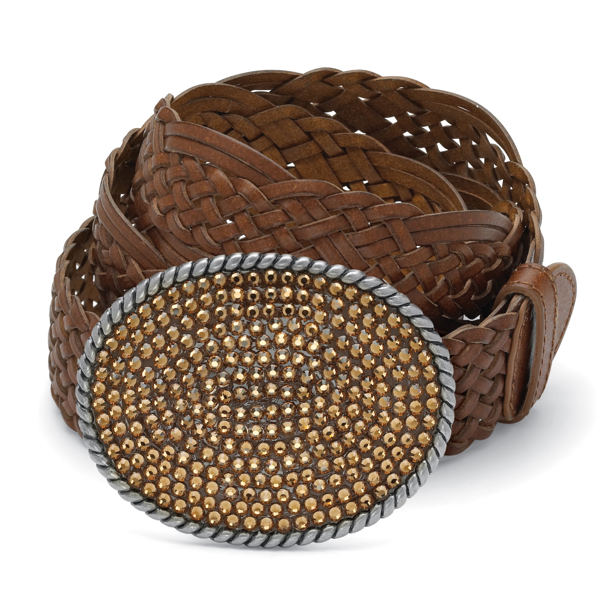 Antiqued Silvertone Metal Amber-Colored Crystal Oval-Shaped Belt Buckle with ...
