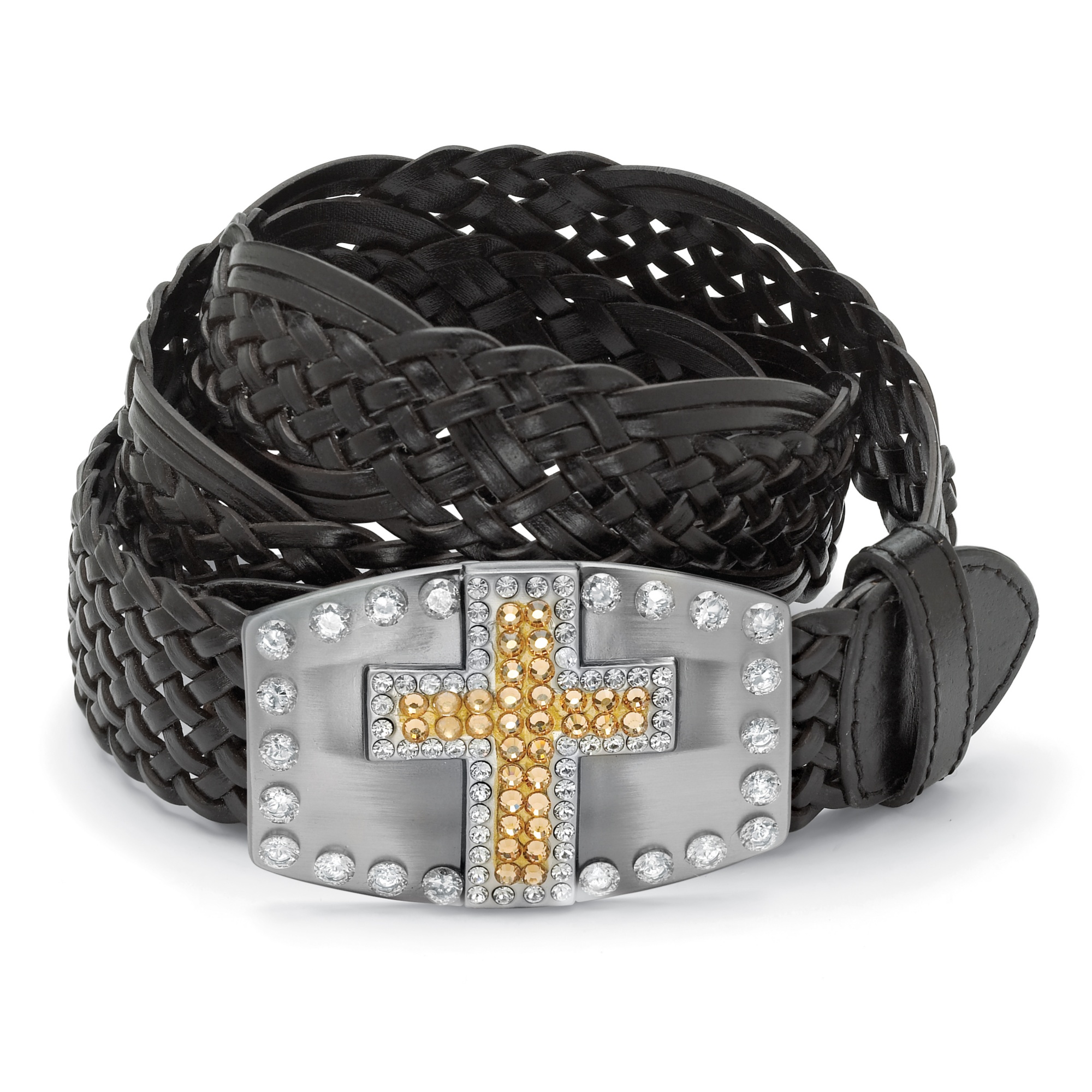 Antiqued Silvertone Metal Clear and Champagne-Colored Crystal Cross Belt ...