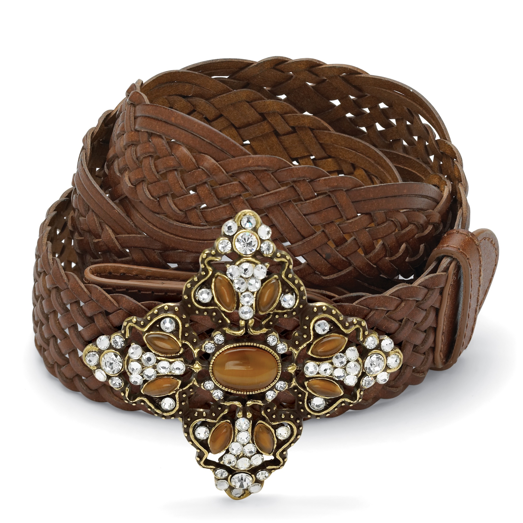 Antiqued Goldtone Metal Tiger's-Eye Cabochon and Crystal Diamond-Shaped Belt ...