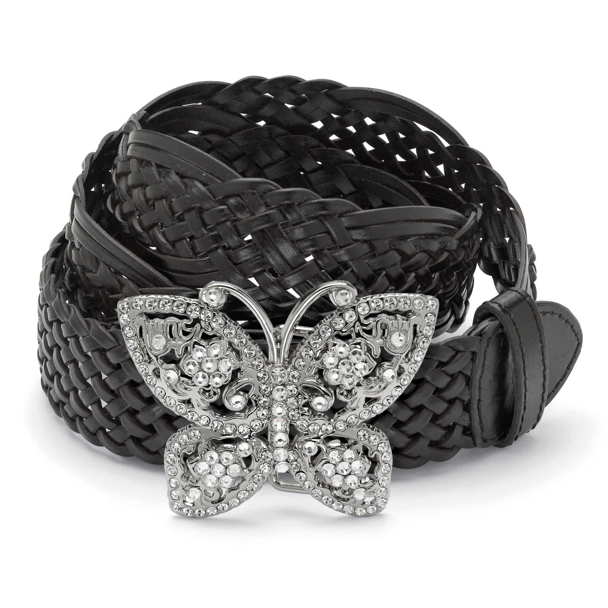 Silvertone Metal Crystal Butterfly-Shaped Buckle with FREE Black Leather Belt