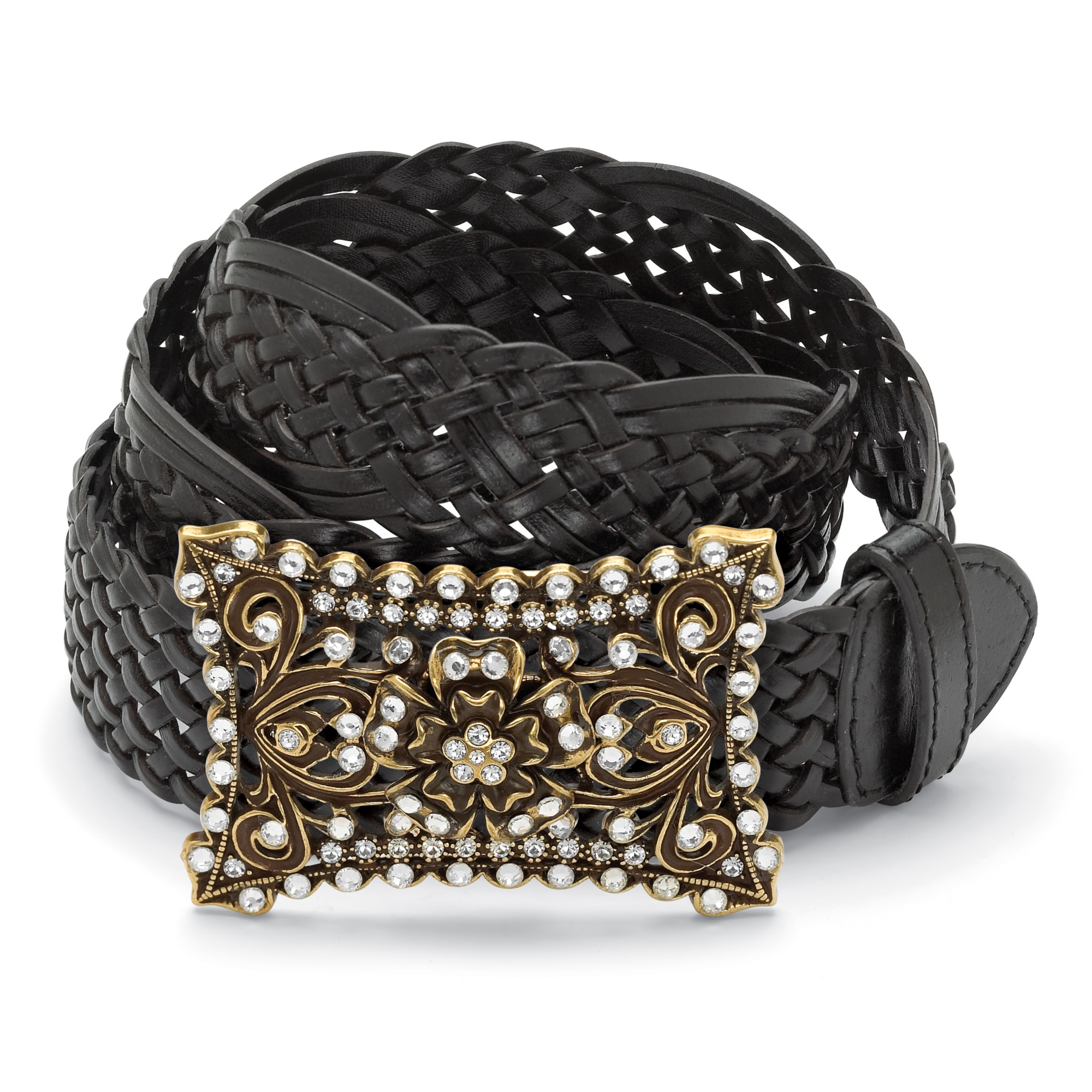 Antiqued Goldtone Metal Crystal Rectangular-Shaped Openwork Belt Buckle with ...