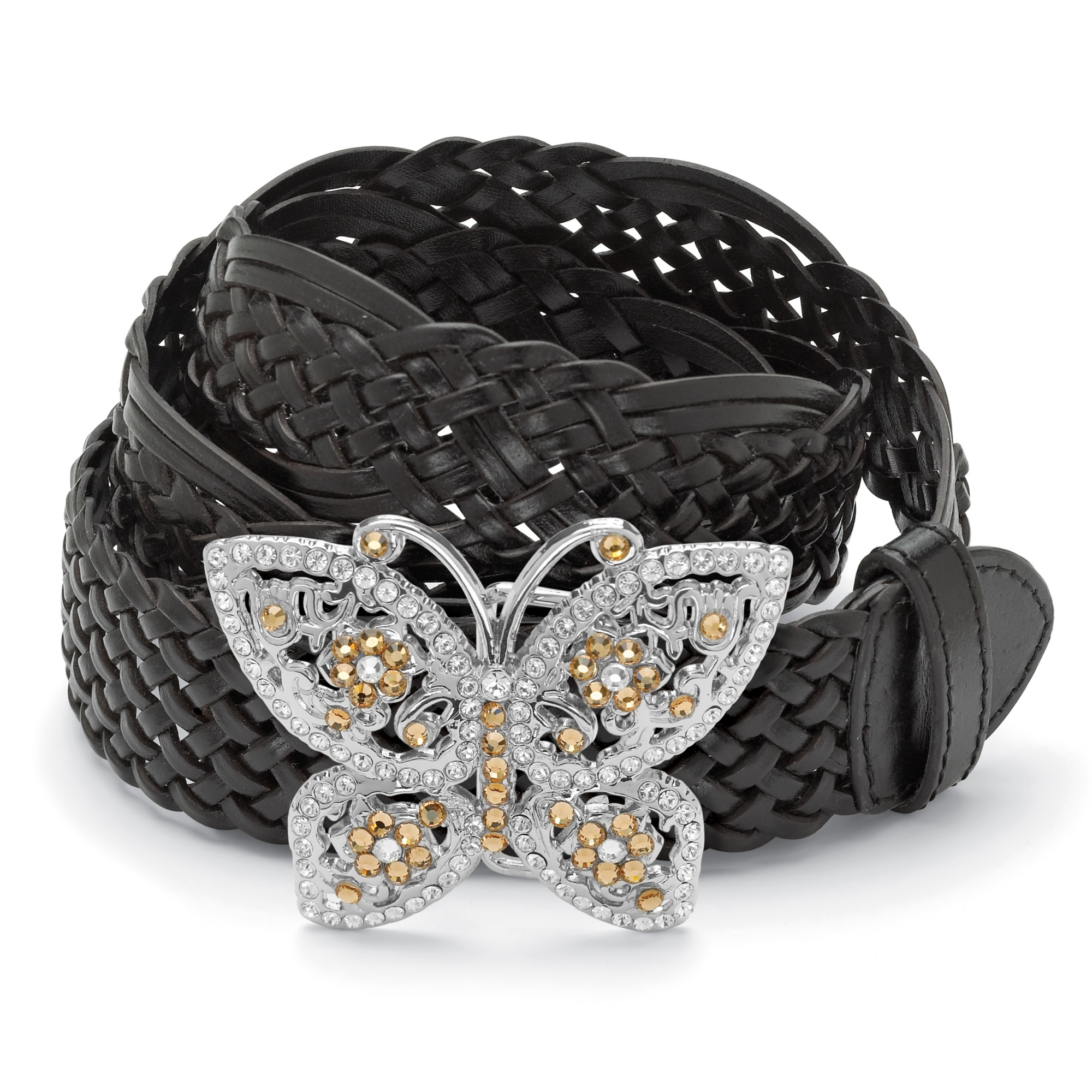 Silvertone Metal Champagne-Colored and Clear Crystal Butterfly-Shaped Buckle ...