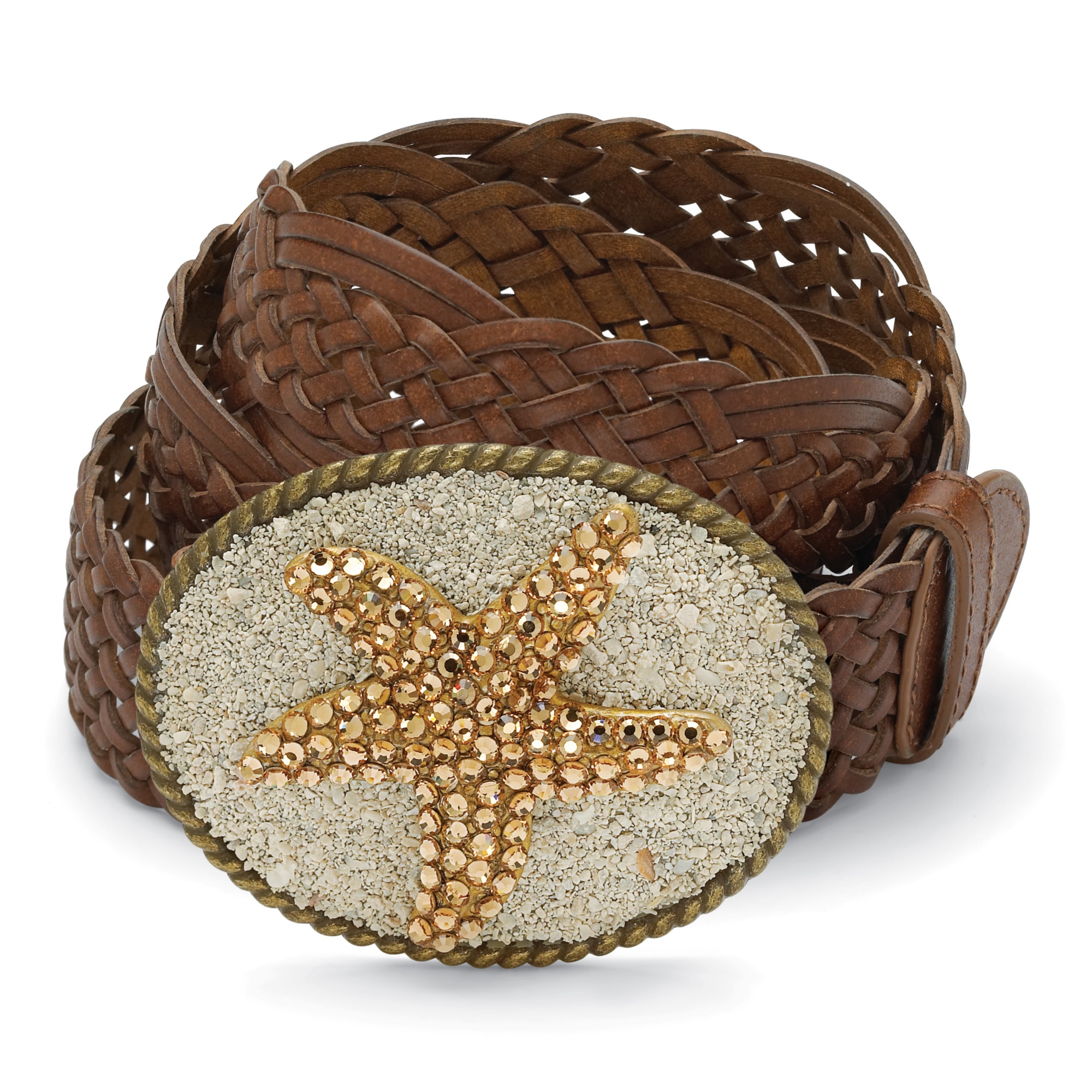 Antiqued Goldtone Metal Champagne-Colored Crystal Starfish Oval-Shaped Buckle...