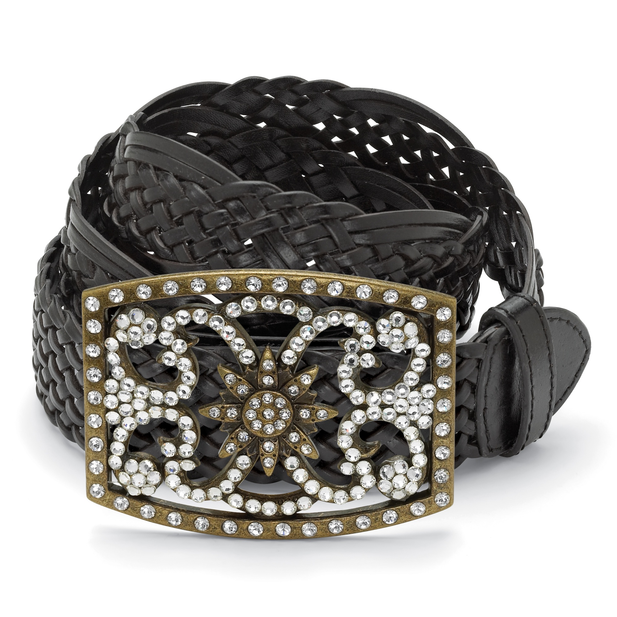 Antiqued Goldtone Metal Crystal Rectangular-Shaped Openwork Belt Buckle with ...