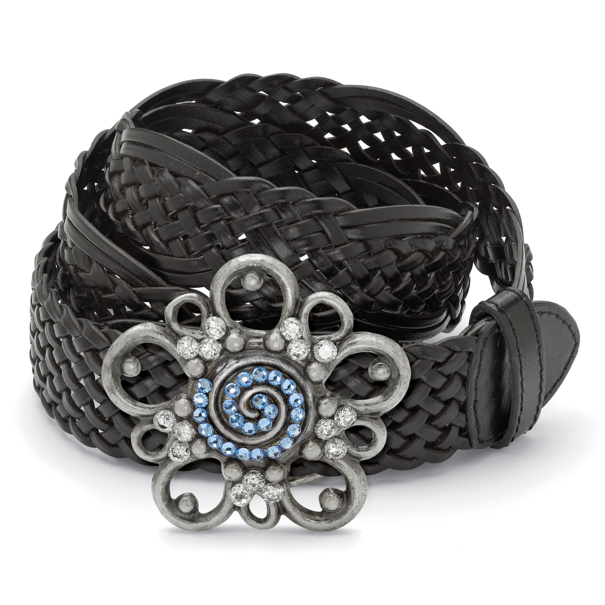 Antiqued Silvertone Metal Blue and White Crystal Flower-Shaped Belt Buckle ...