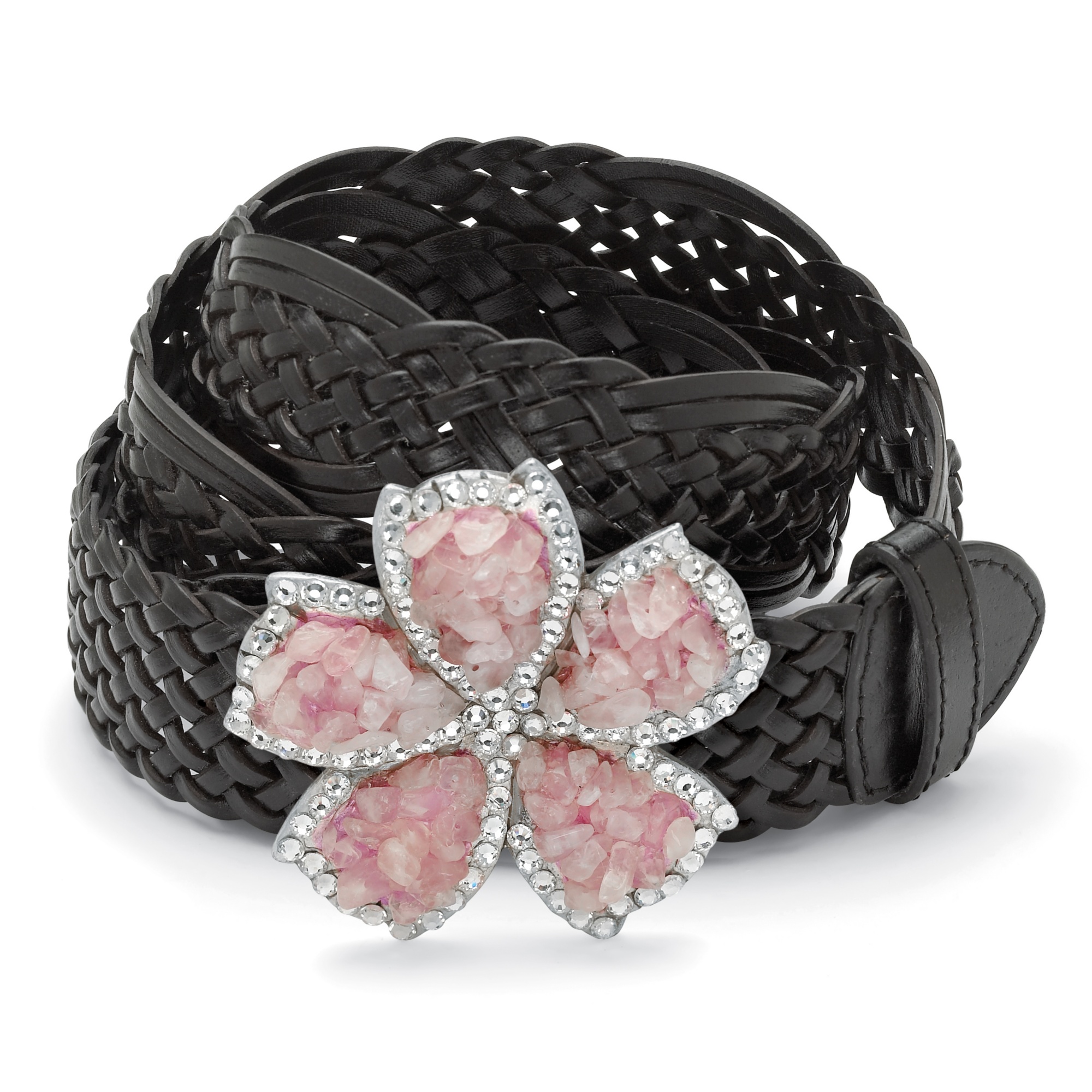 Antiqued Silvertone Metal Rose Quartz Nugget and Crystal Flower-Shaped Belt ...